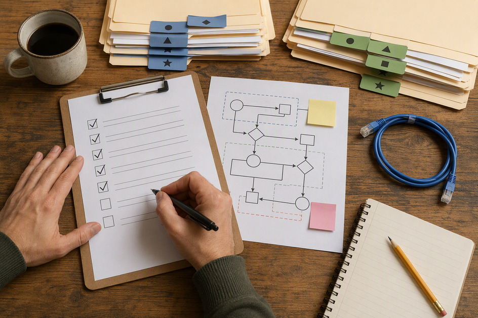 Person checking an offline AI audit checklist beside local files and an unplugged network cable