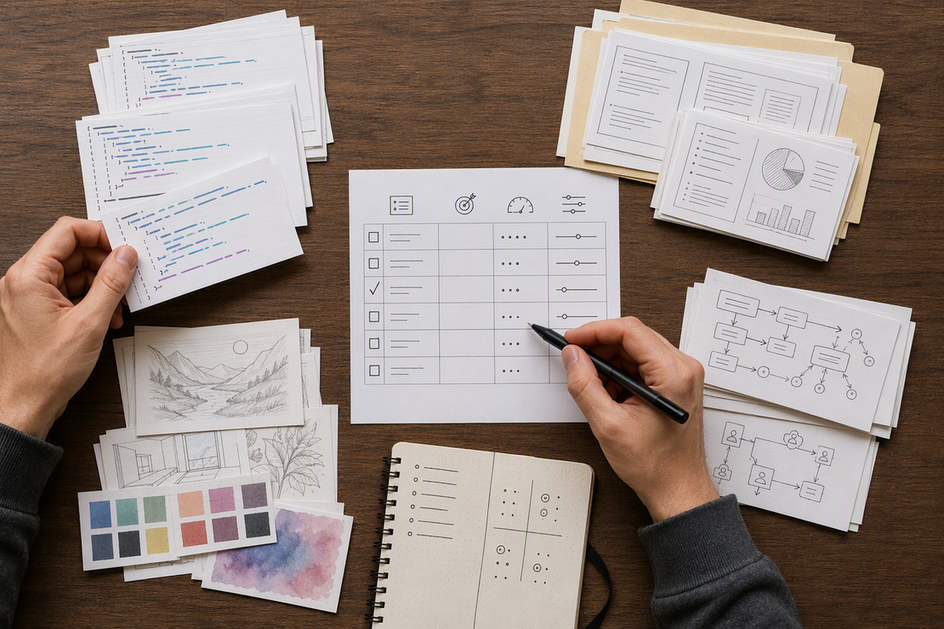 Hands arranging workload cards and a configuration checklist for coding, documents, image generation, and AI agents.
