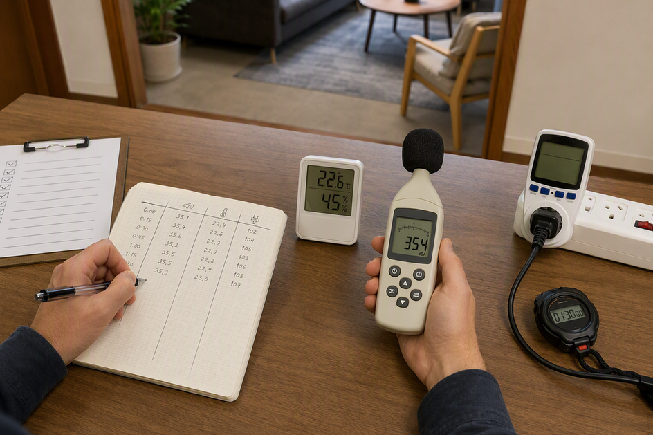 Hands recording sound, temperature, and power readings beside a local AI workload checklist.