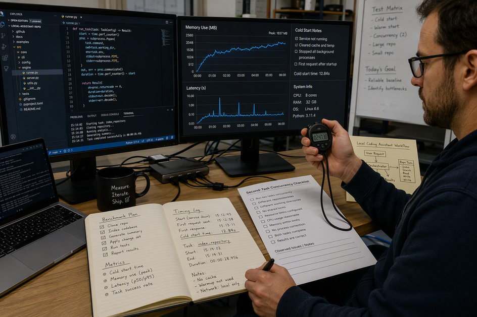 Developer measuring coding-assistant performance with a stopwatch, memory chart, and repository task at a workstation