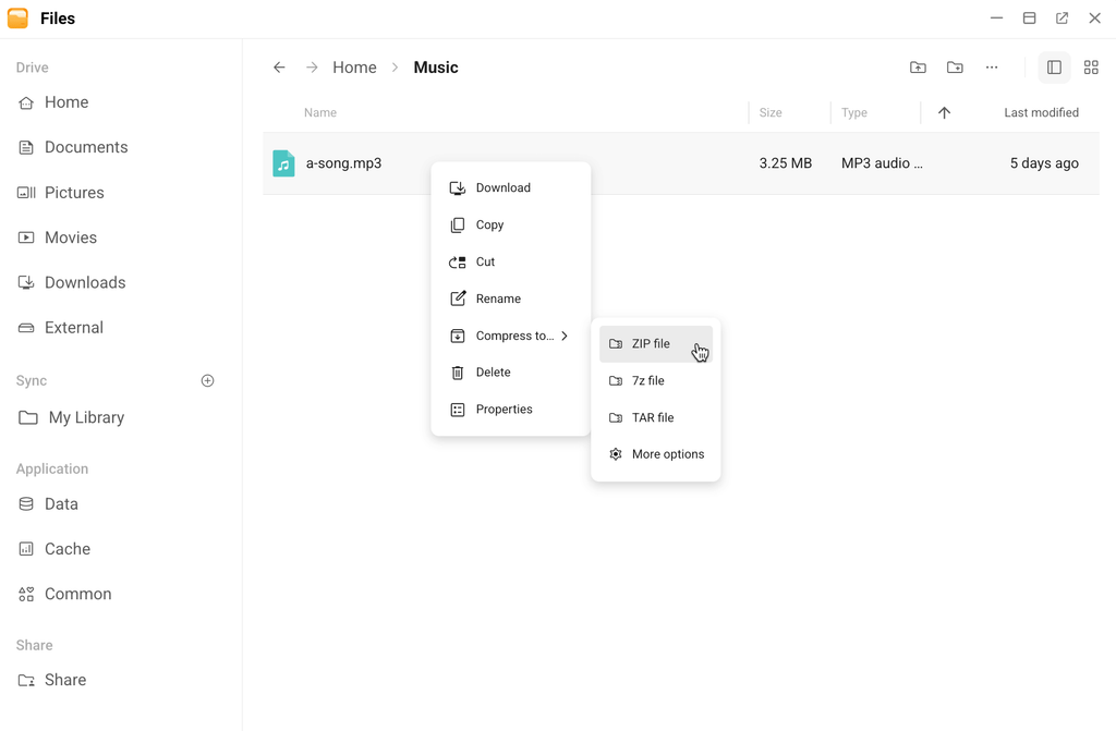 Files app menu showing options to compress a selected file as ZIP, 7z, or TAR.