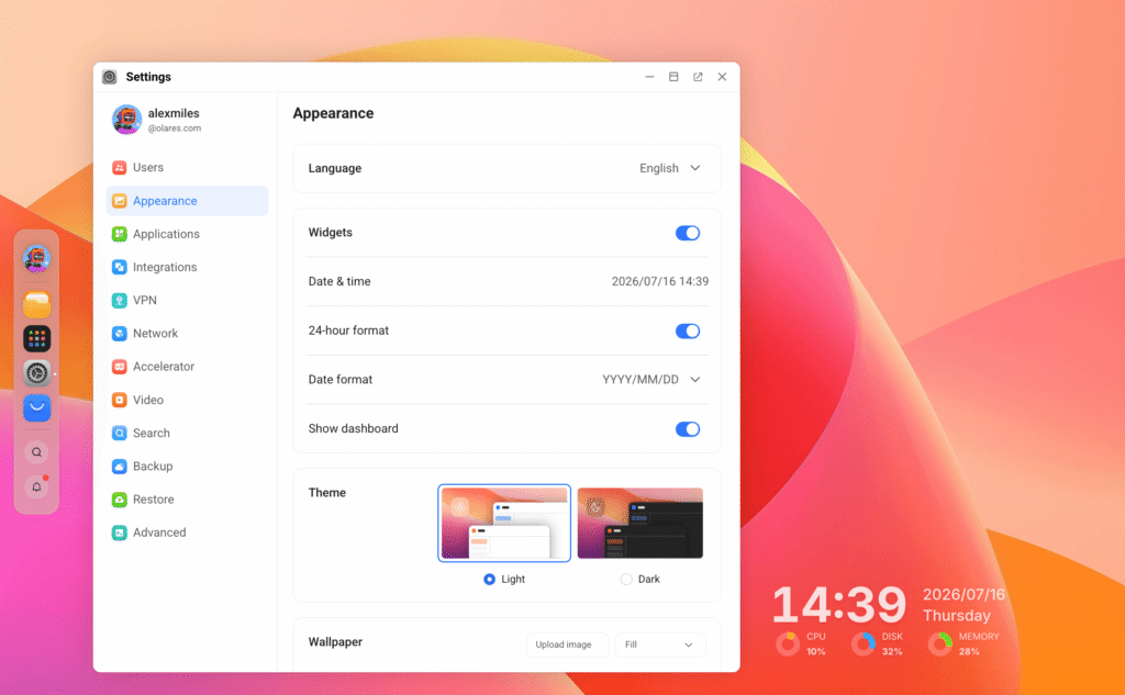 Olares Appearance settings showing desktop widget and theme options.