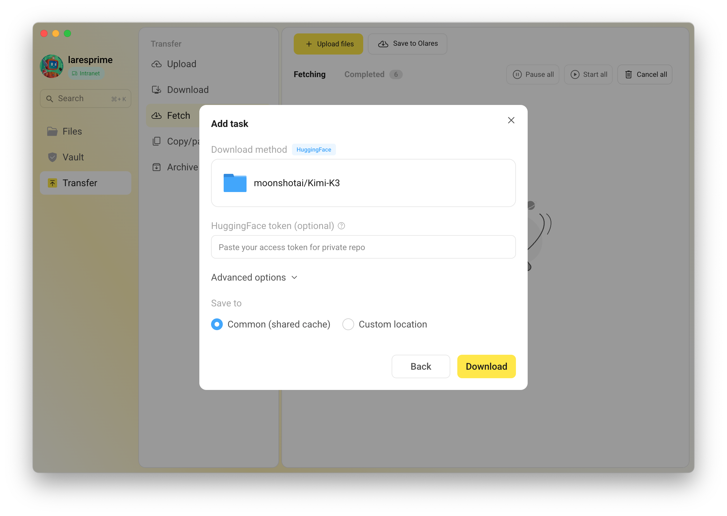 Send supported resources to Olares and let Fetch continue the transfer in the background.