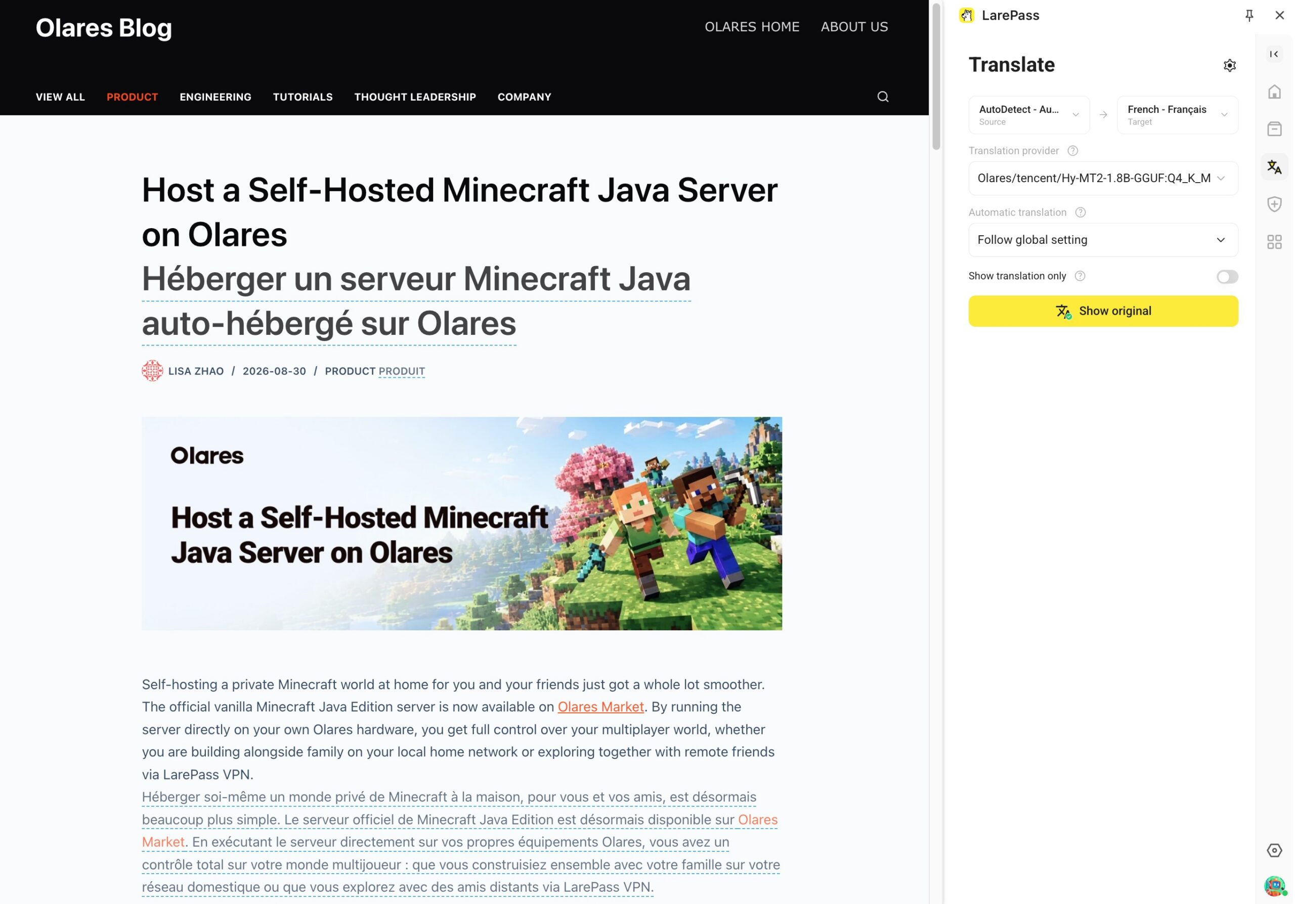 Translate webpages through Router with a locally hosted model