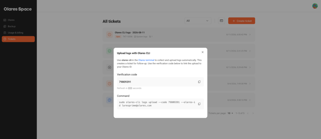 Olares CLI log upload dialog with the command for submitting system logs to Olares support