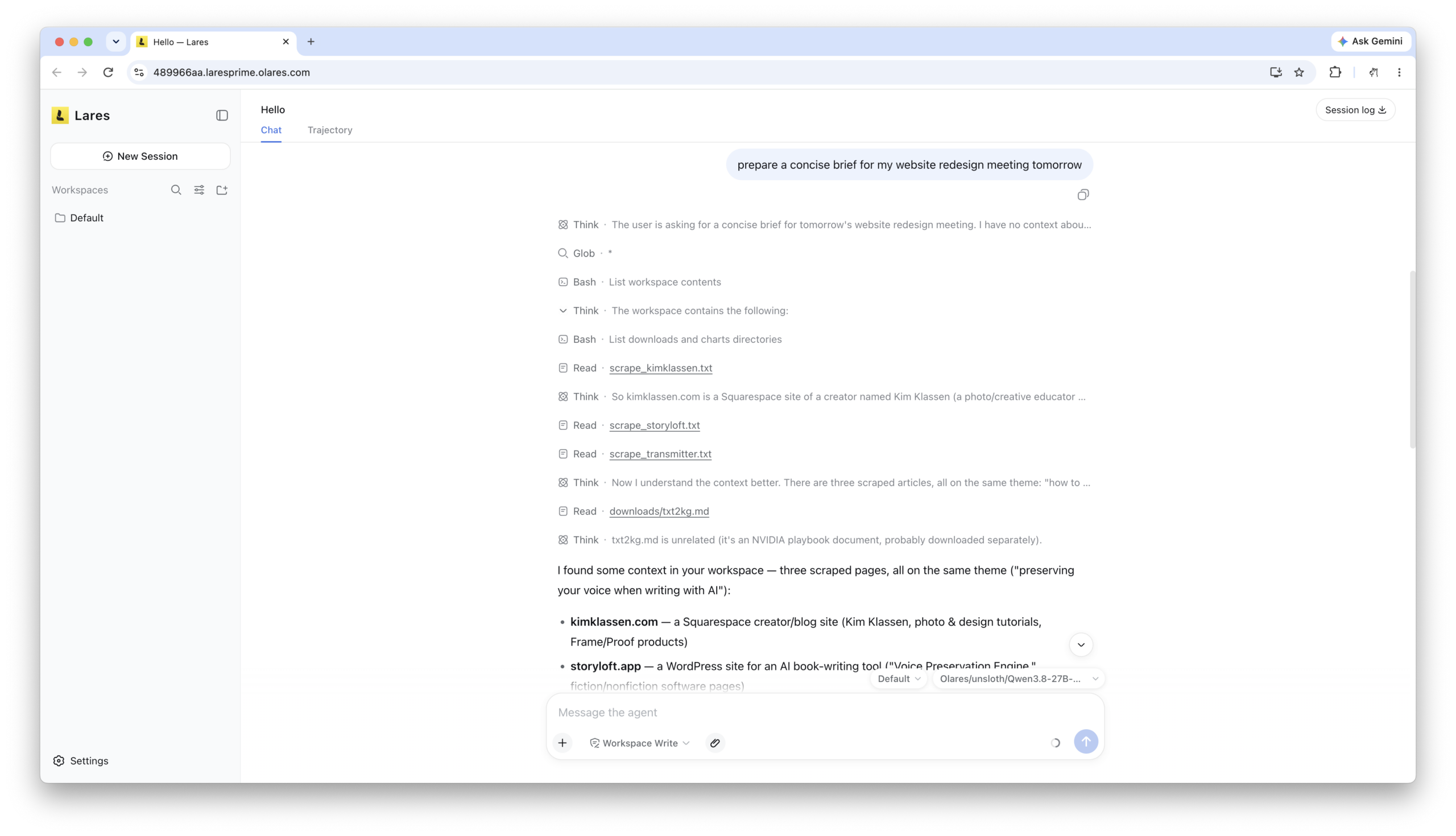 Lares coordinates Router, Olares Skills, and system tools to carry a multi-step request through to a result.