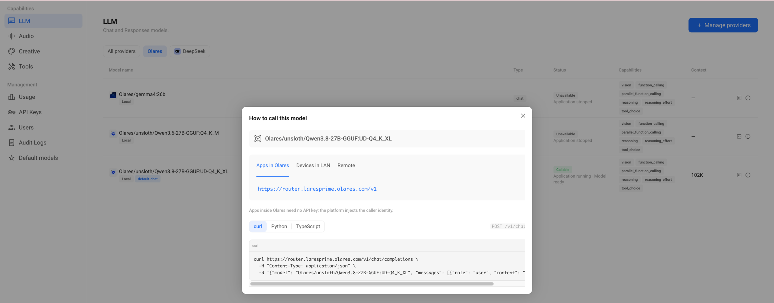 Router model connection dialog showing the Base URL and sample requests for an application running inside Olares, where no API key is required.