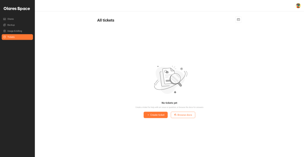 Olares Space Tickets page for creating a new Olares support ticket