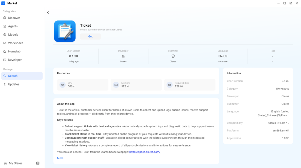 Ticket app in Olares Market, showing the official Olares support client and its app details