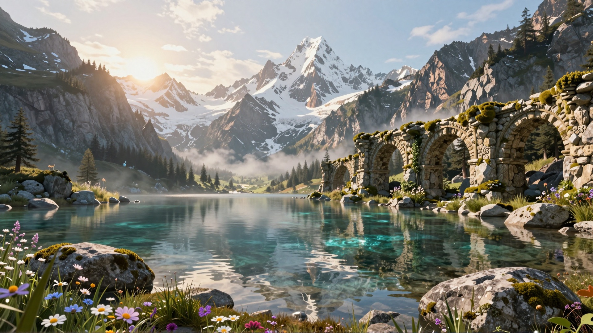 Alpine lake, stone arches, and wildflowers generated with Z-Image-Turbo in FlowStudio