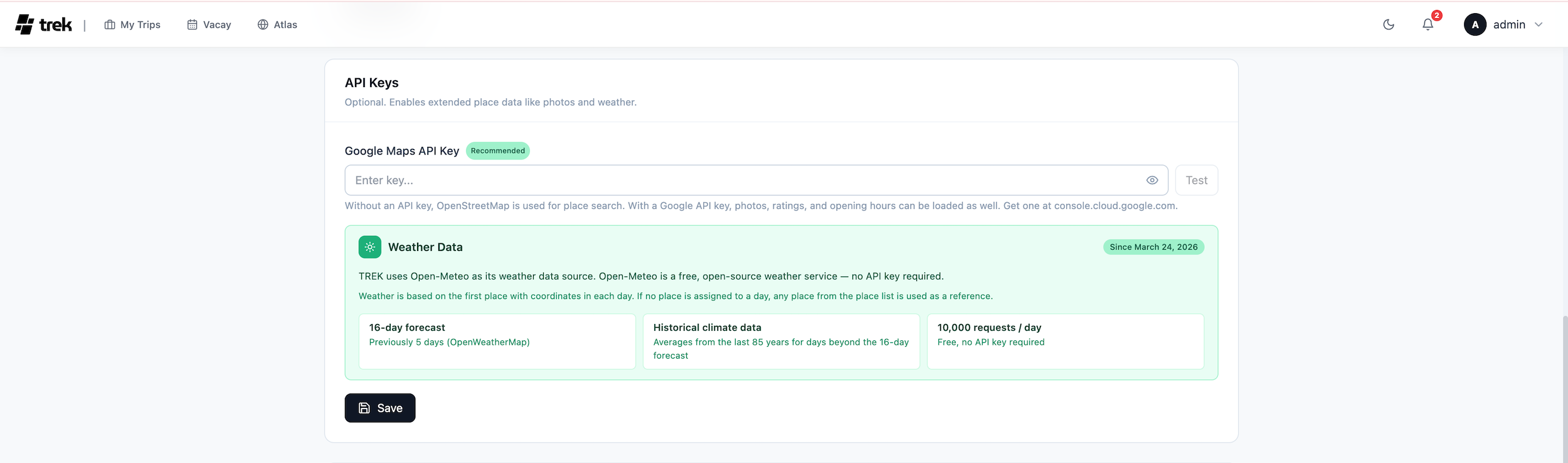 API key settings