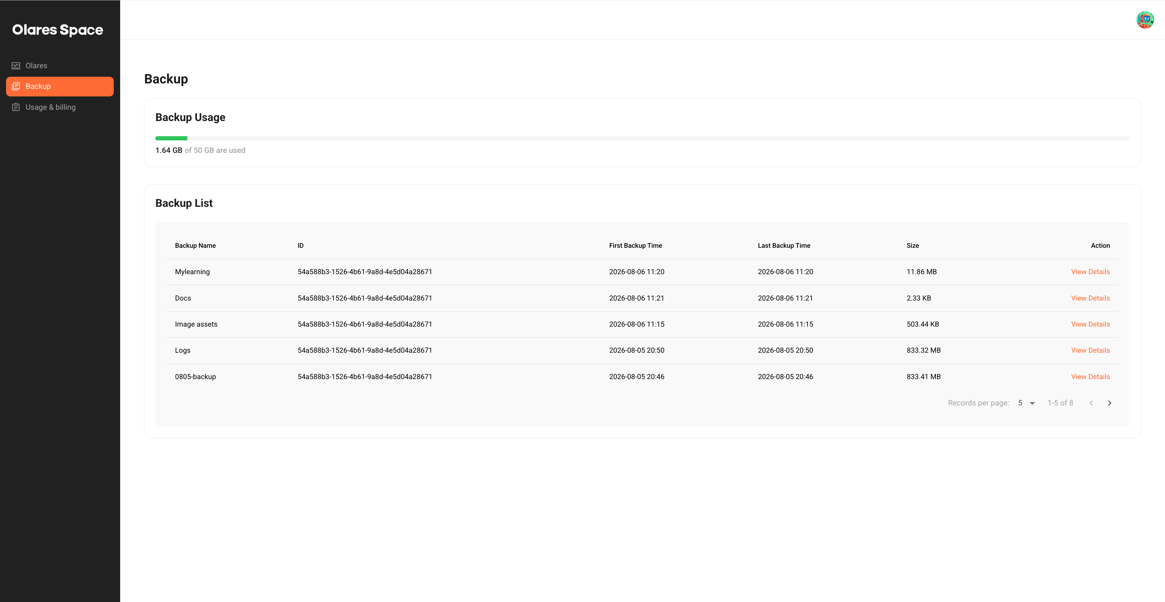 Backup list in Olares Space