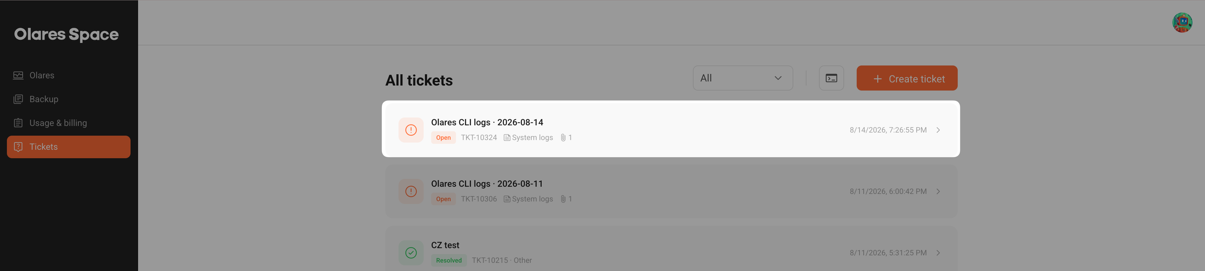 CLI logs ticket