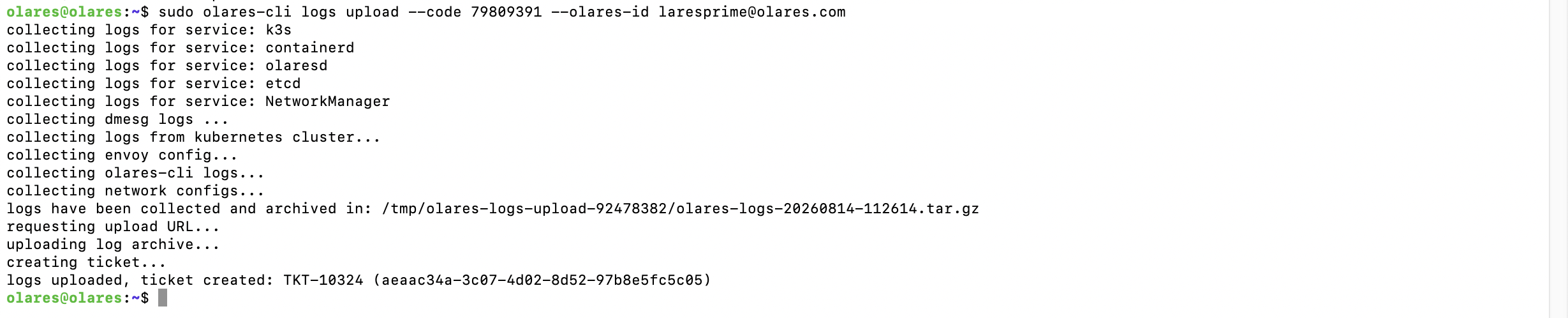 Upload logs using olares-cli