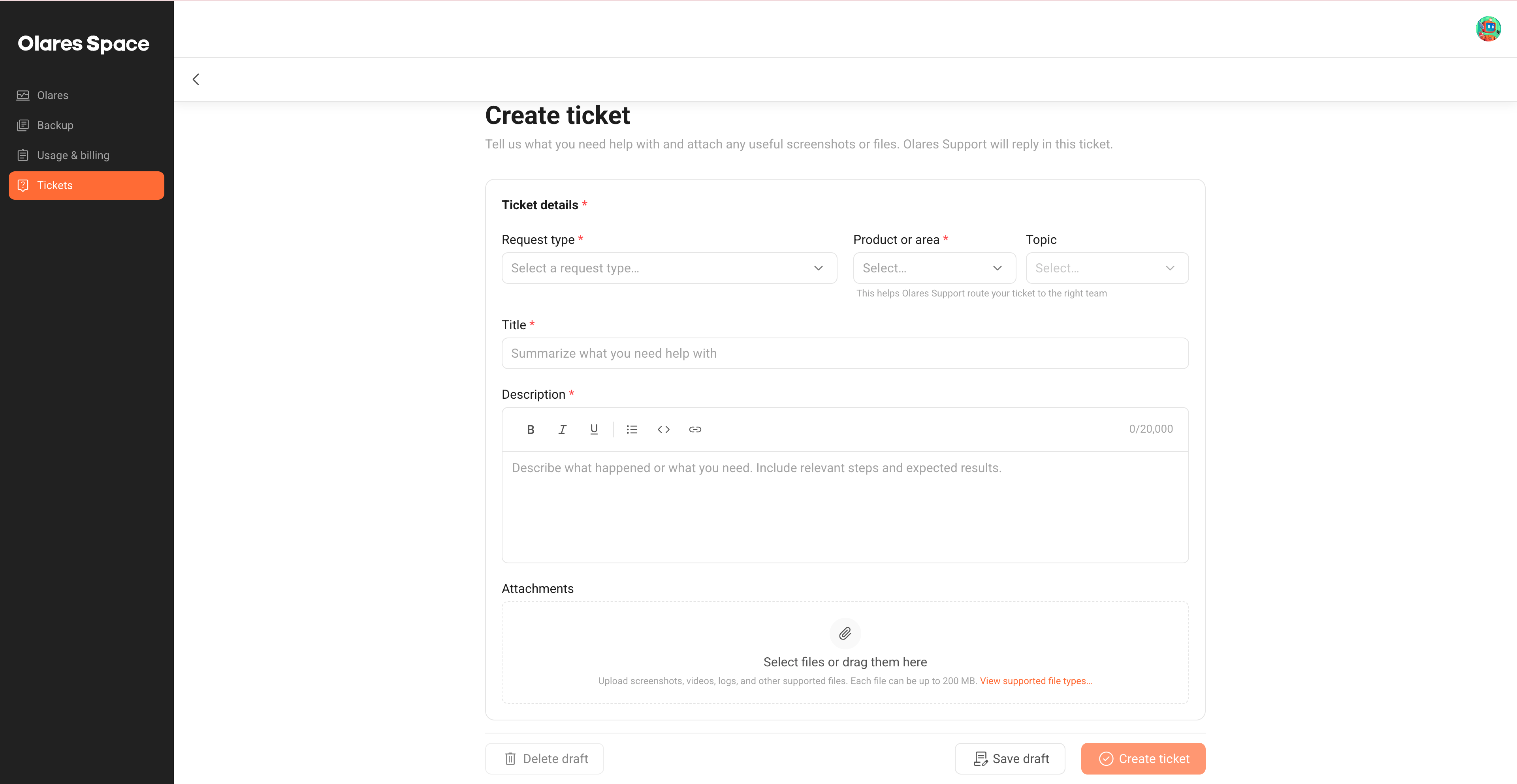 Create a ticket in Olares Space