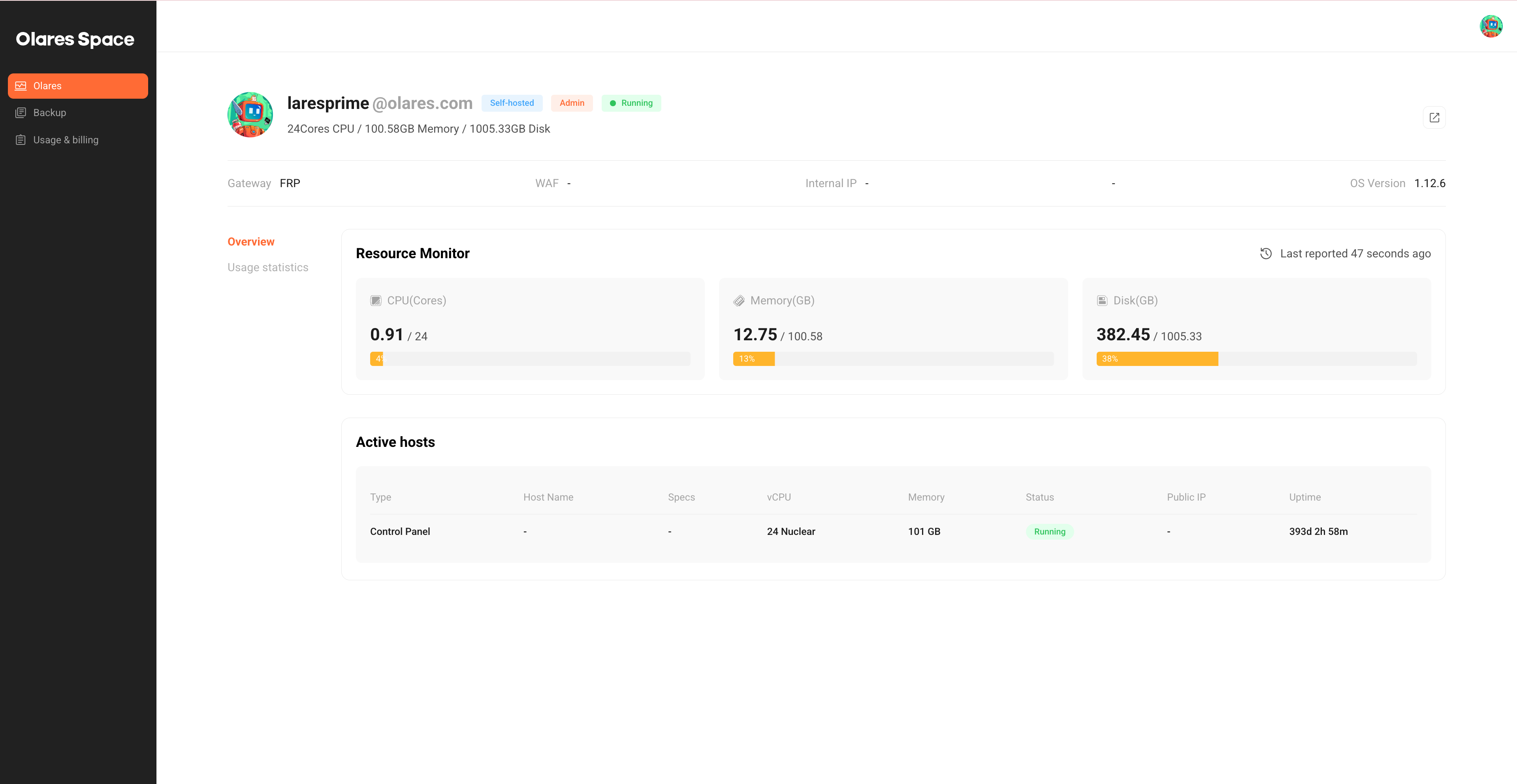 Olares page, overview tab