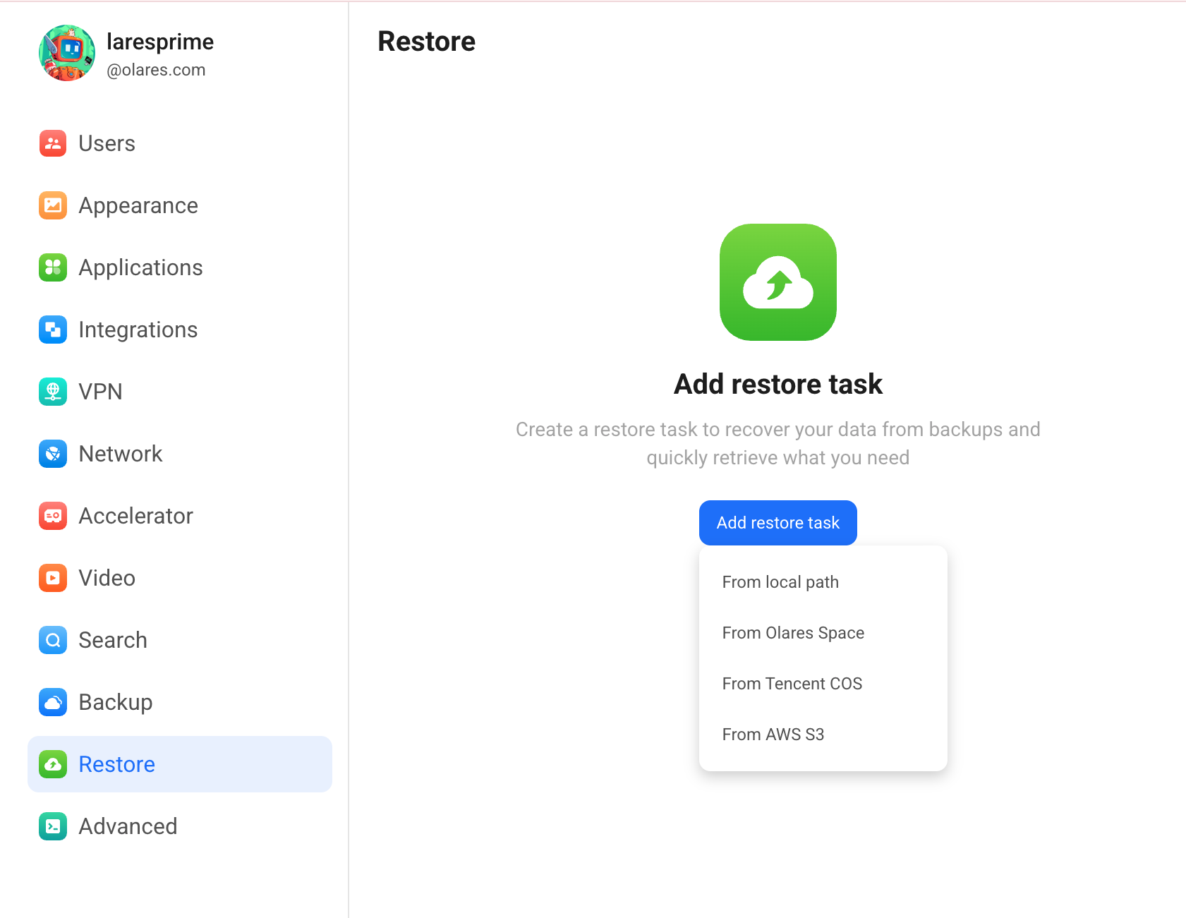 Add restore task options