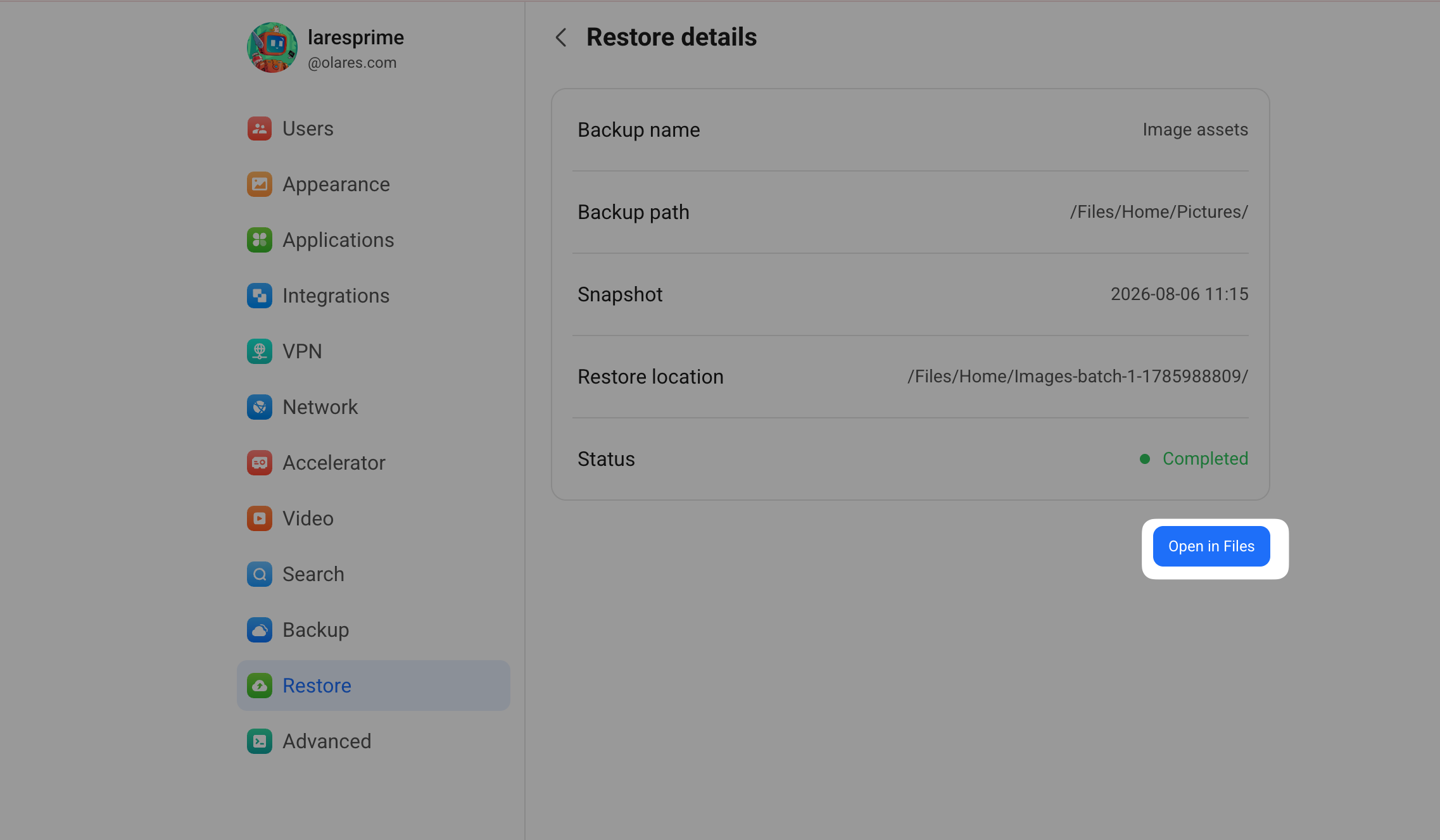 Restore details page