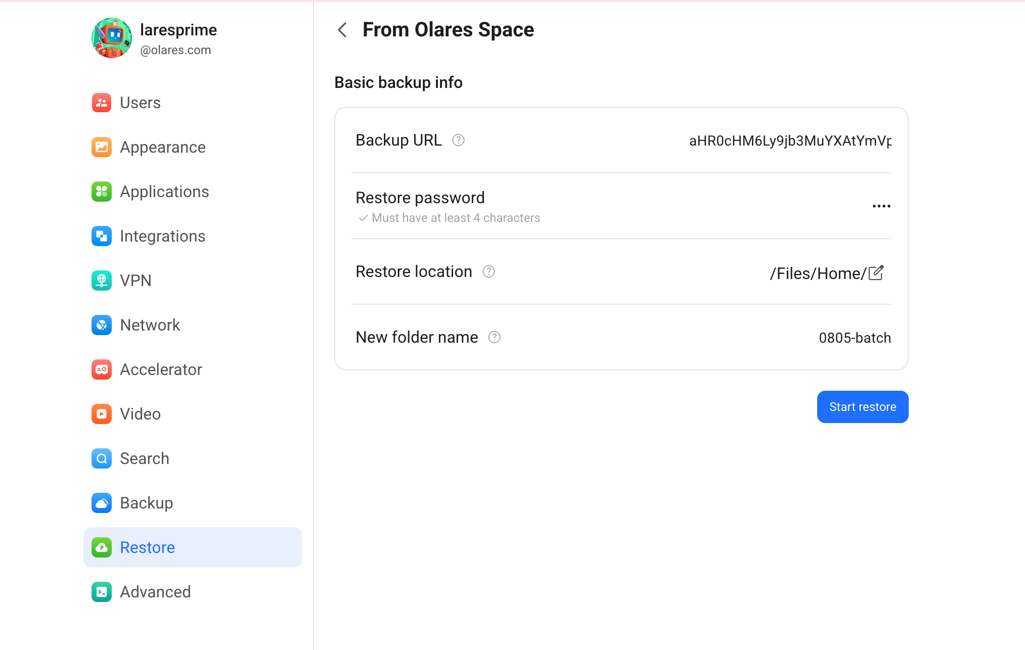 Restore from Olares Space form