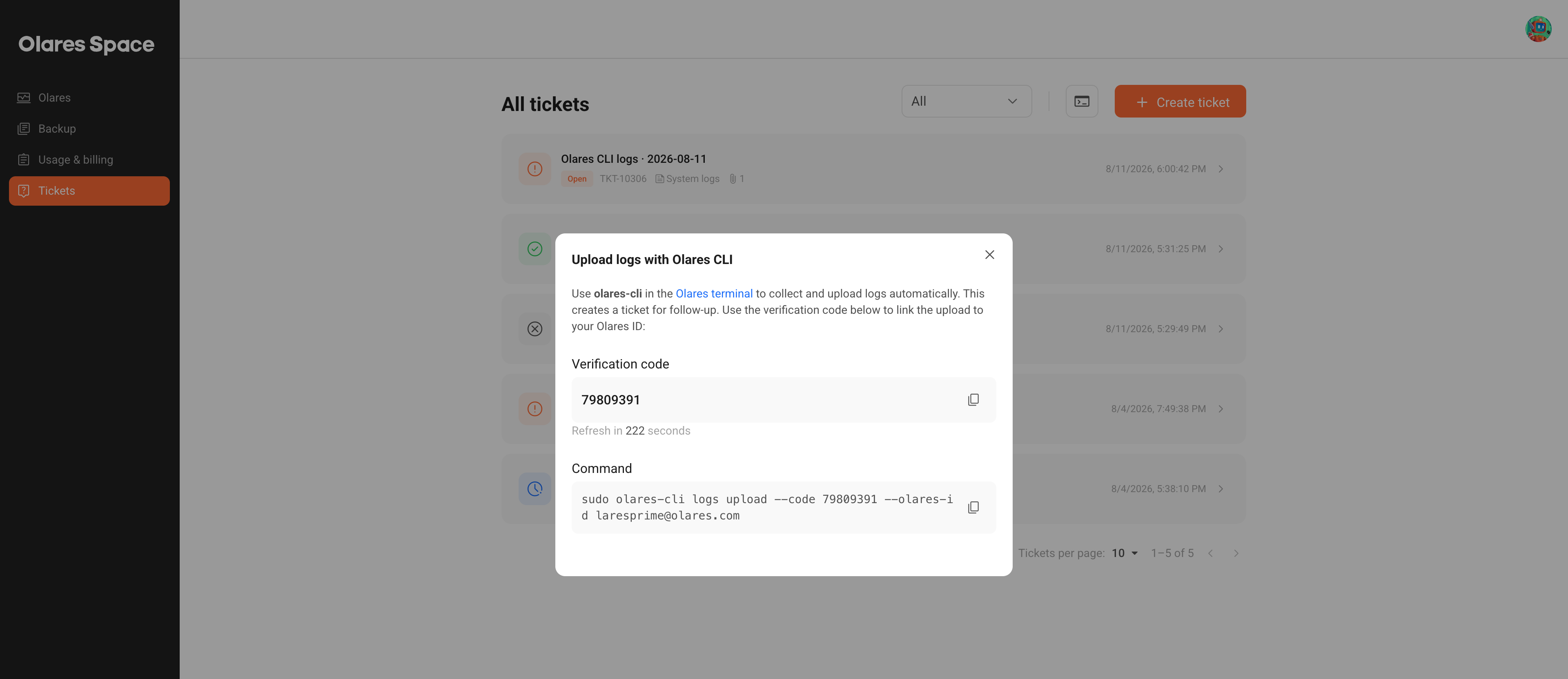 Upload logs dialog