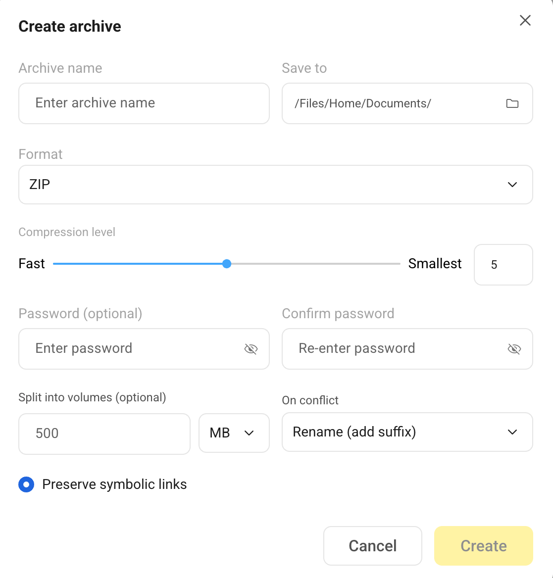 Create archive settings