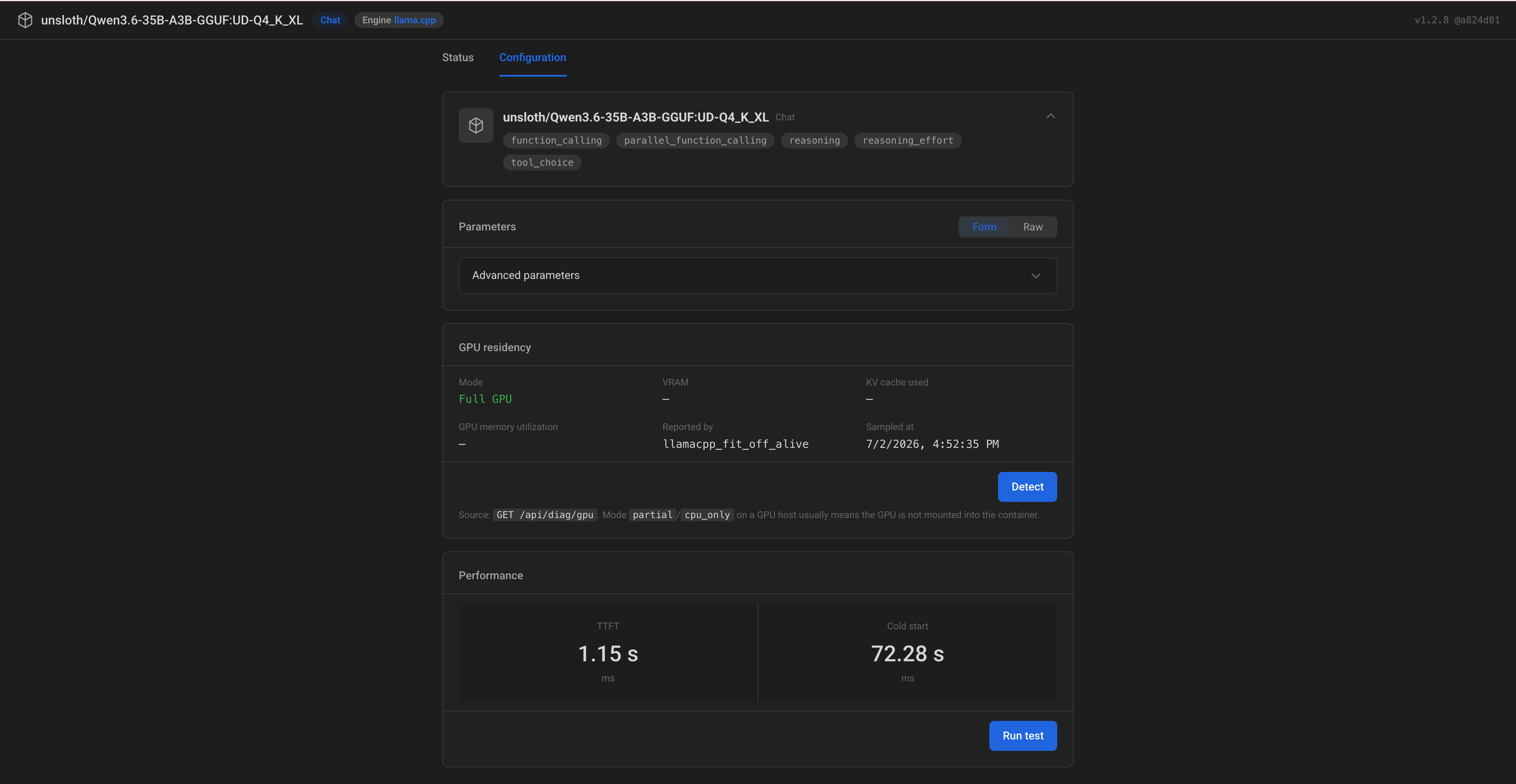 Configuration tab in model console