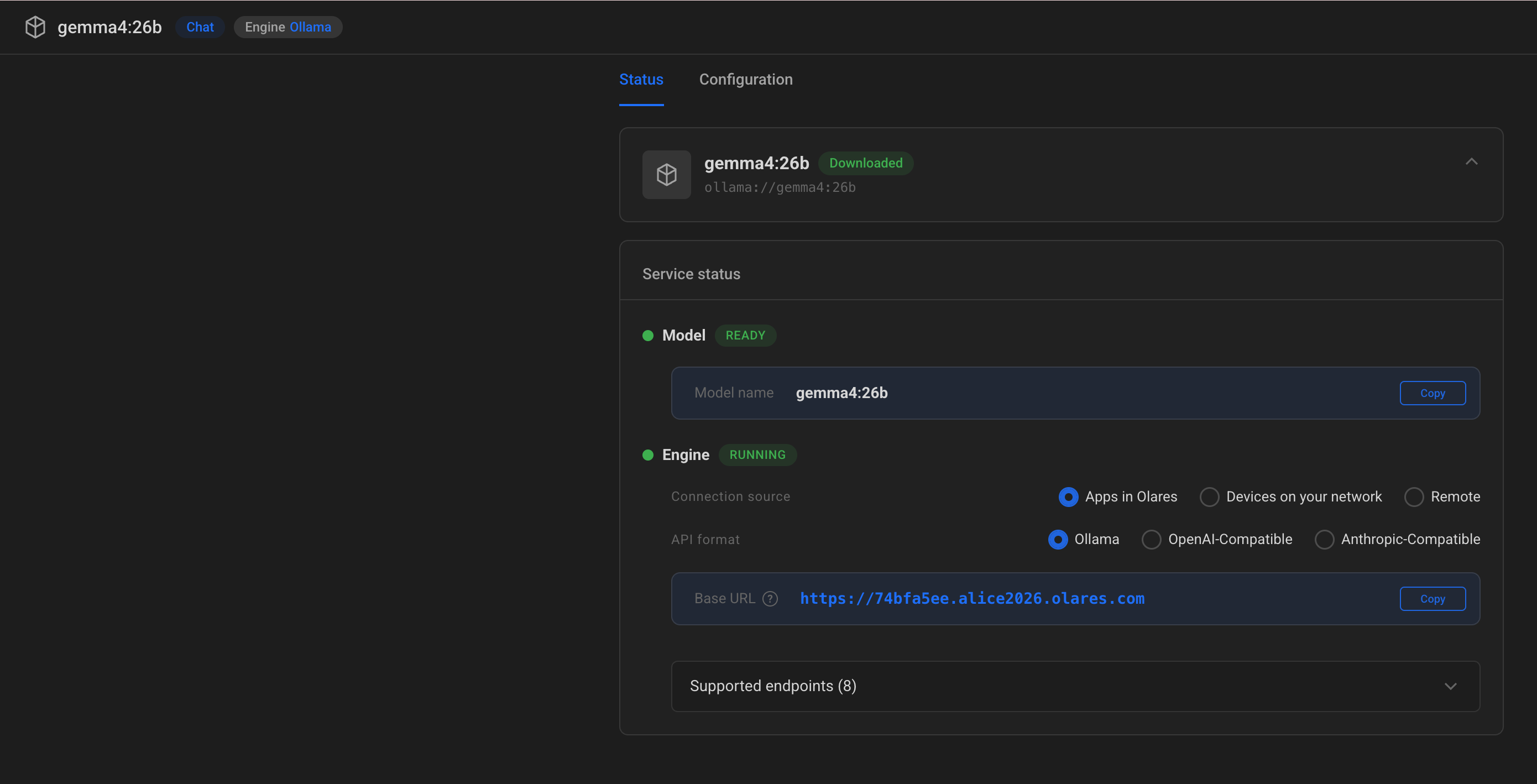 LobeHub connected to a model instance