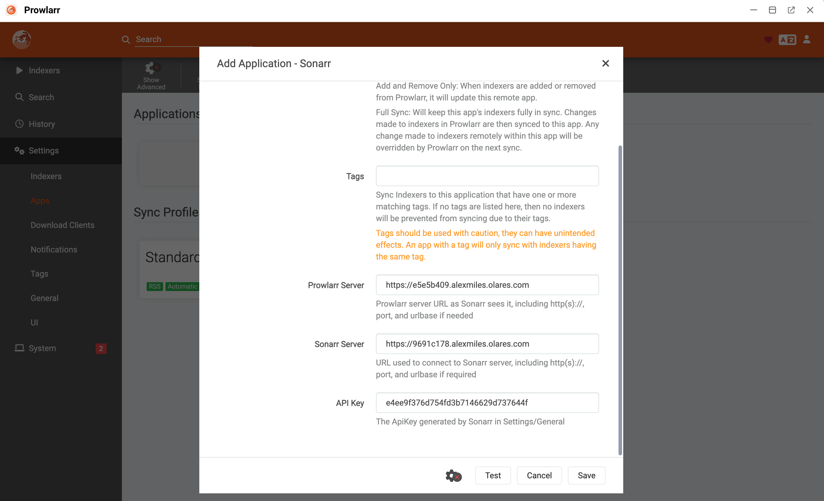 Prowlarr add apps configuration