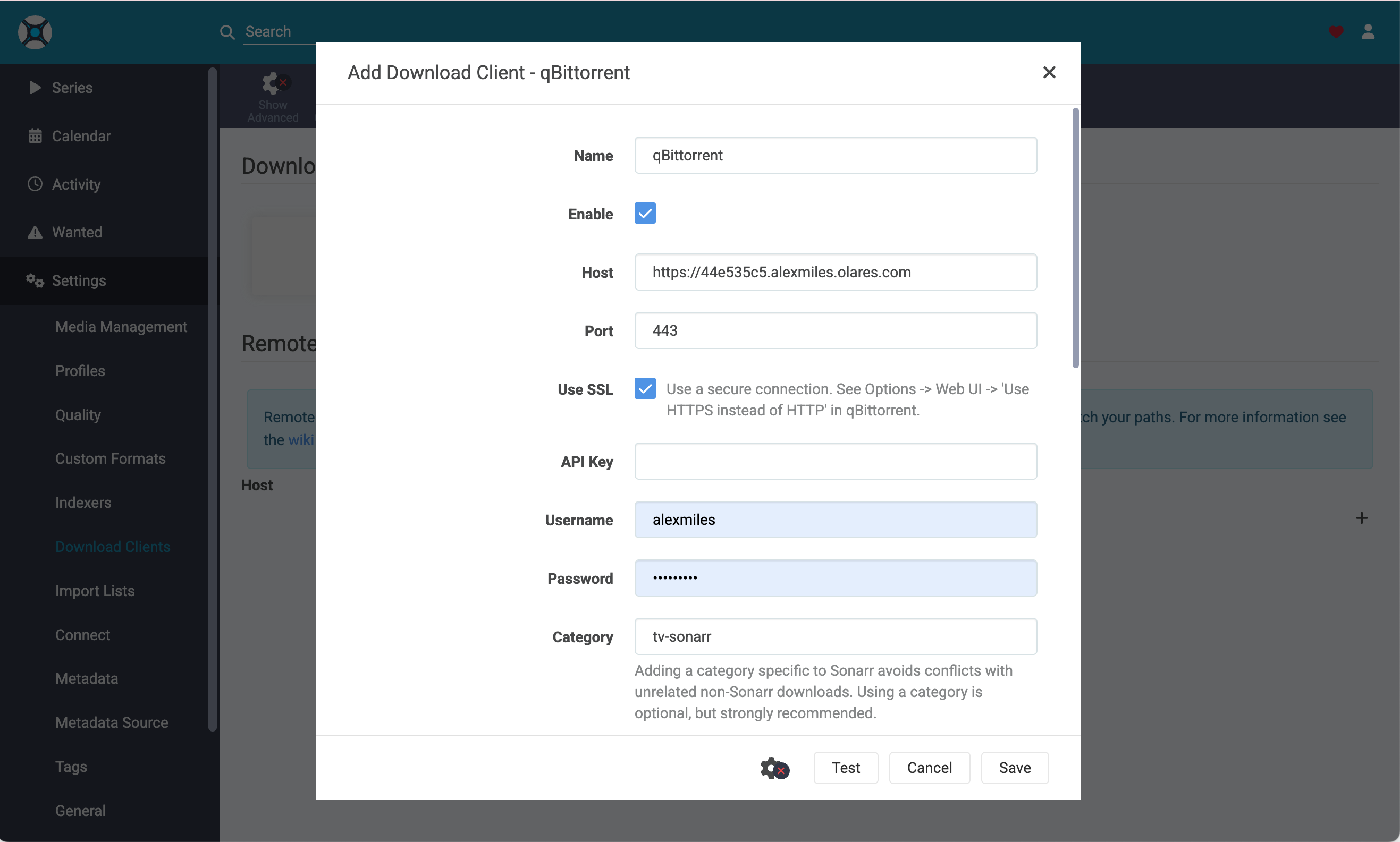 Sonarr Download Clients settings
