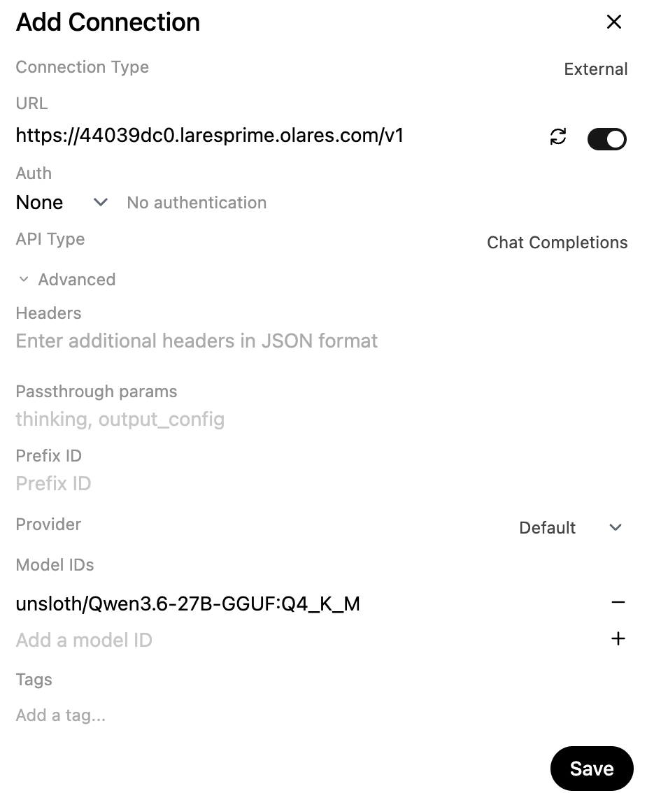 Open WebUI add connection window