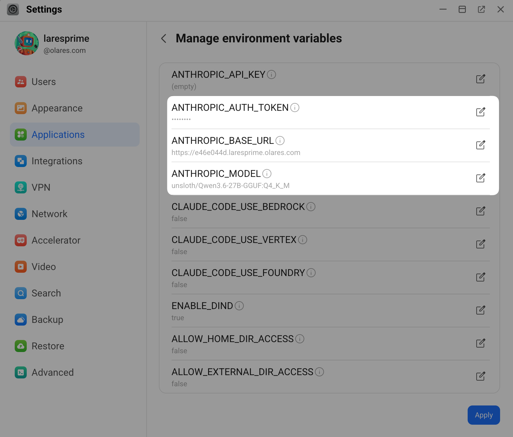 Claude Code environment variables settings