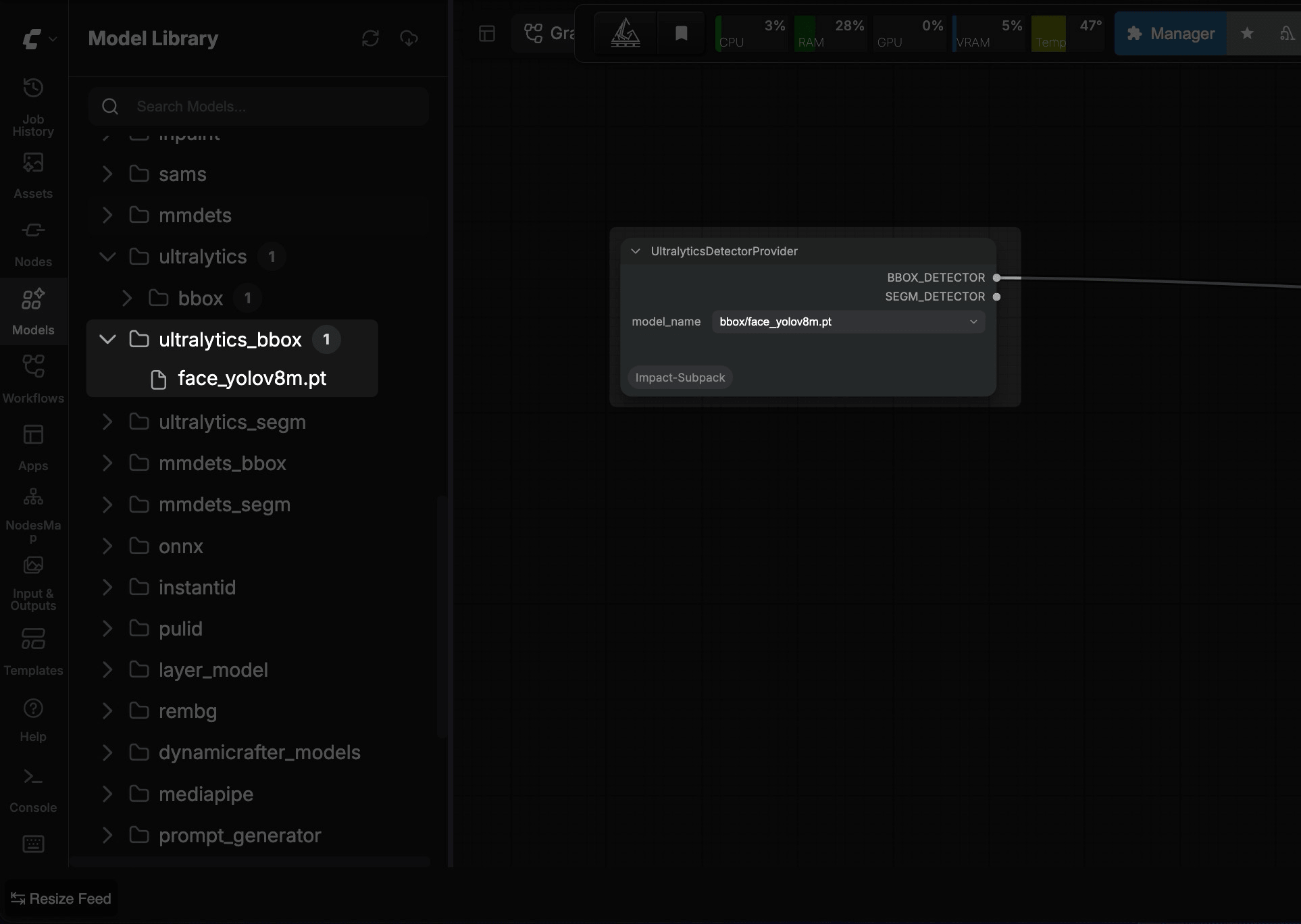 Ultralytics model available to the custom node
