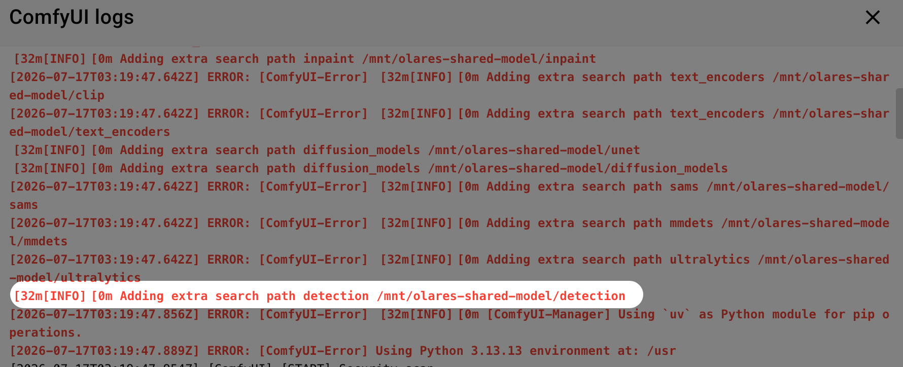 Startup log confirming detection path