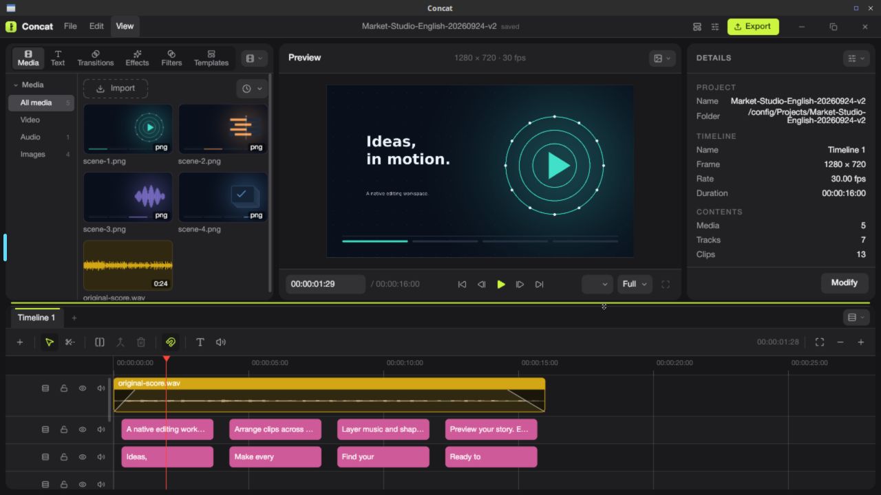 Concat editor with multiple tracks and a video preview