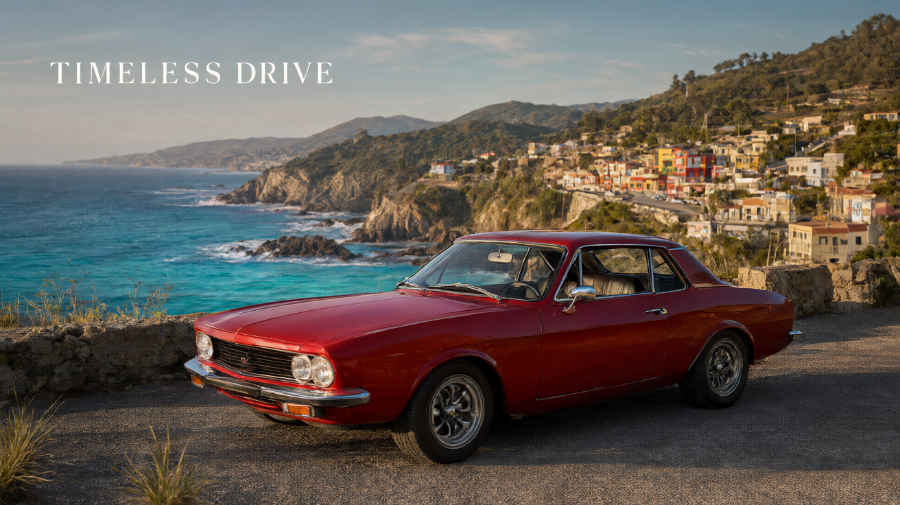 Generated poster with a red vintage car on a coastal overlook and the headline TIMELESS DRIVE