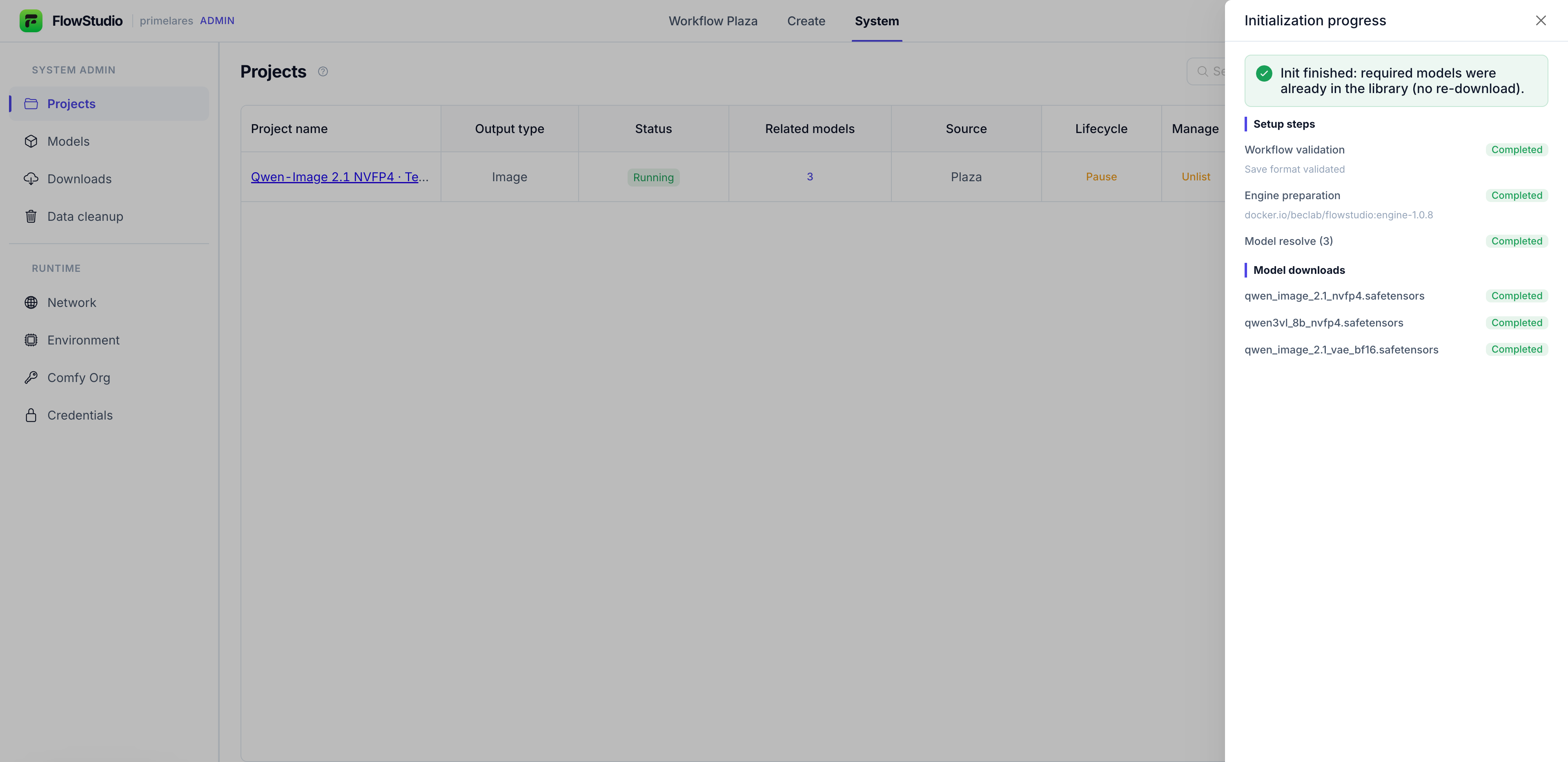Initialization progress panel showing Init finished