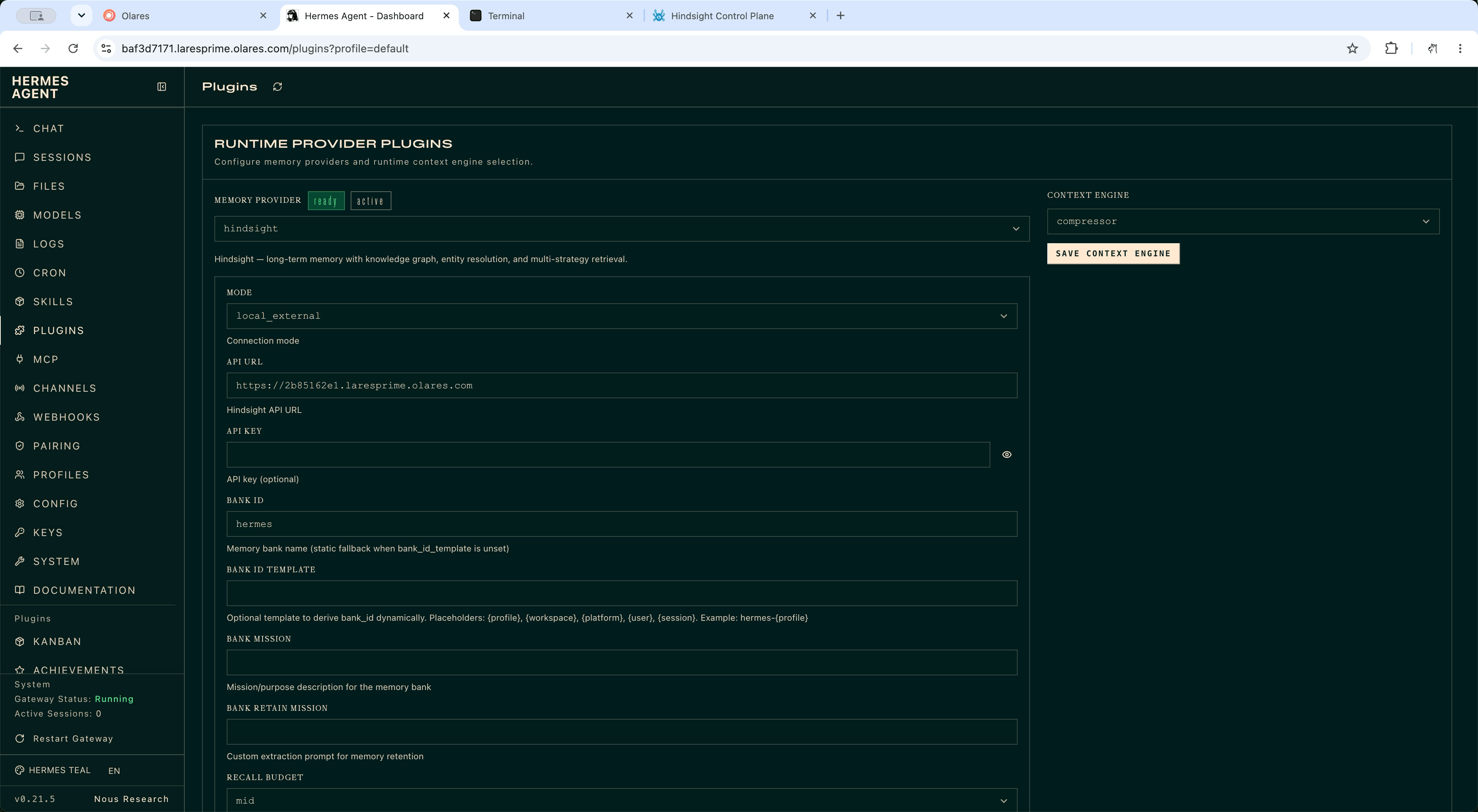 Hindsight selected as the active memory provider in Hermes Plugins
