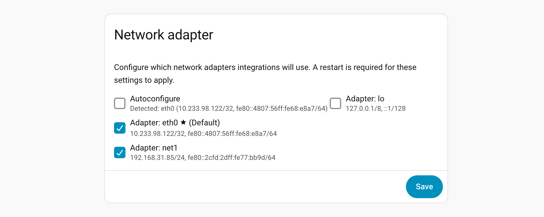 Home Assistant network adapter settings
