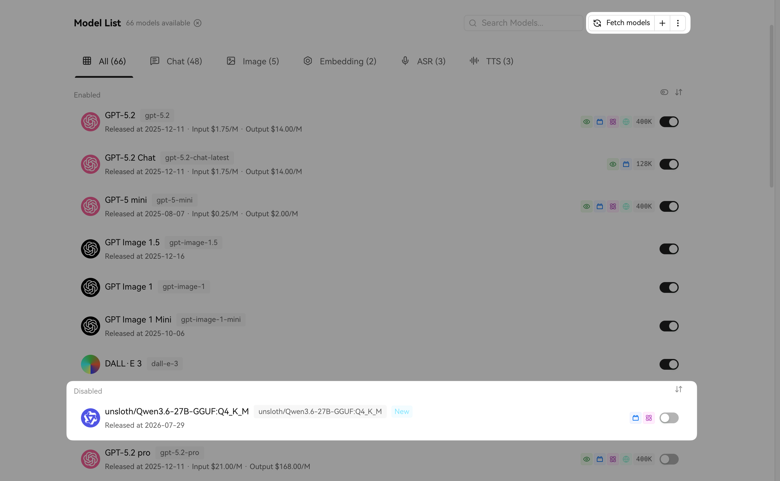 Fetch model list and enable models