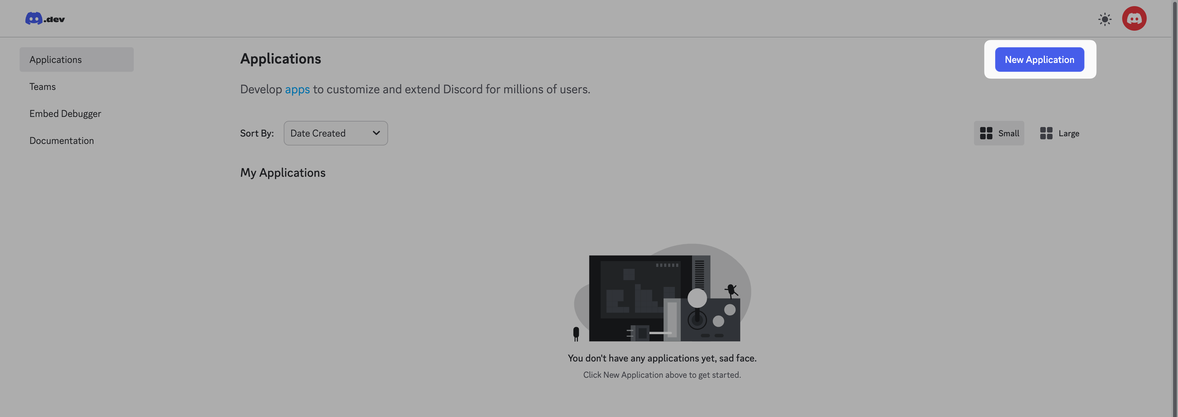 New application in Discord developer portal