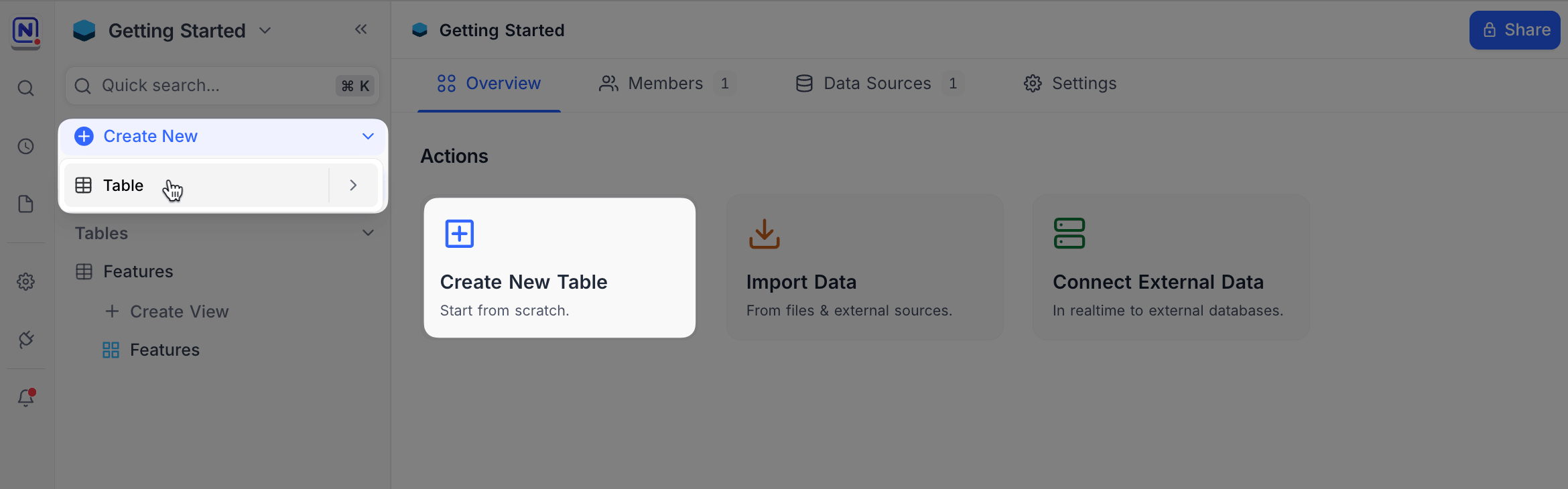 Create a new table in NocoDB