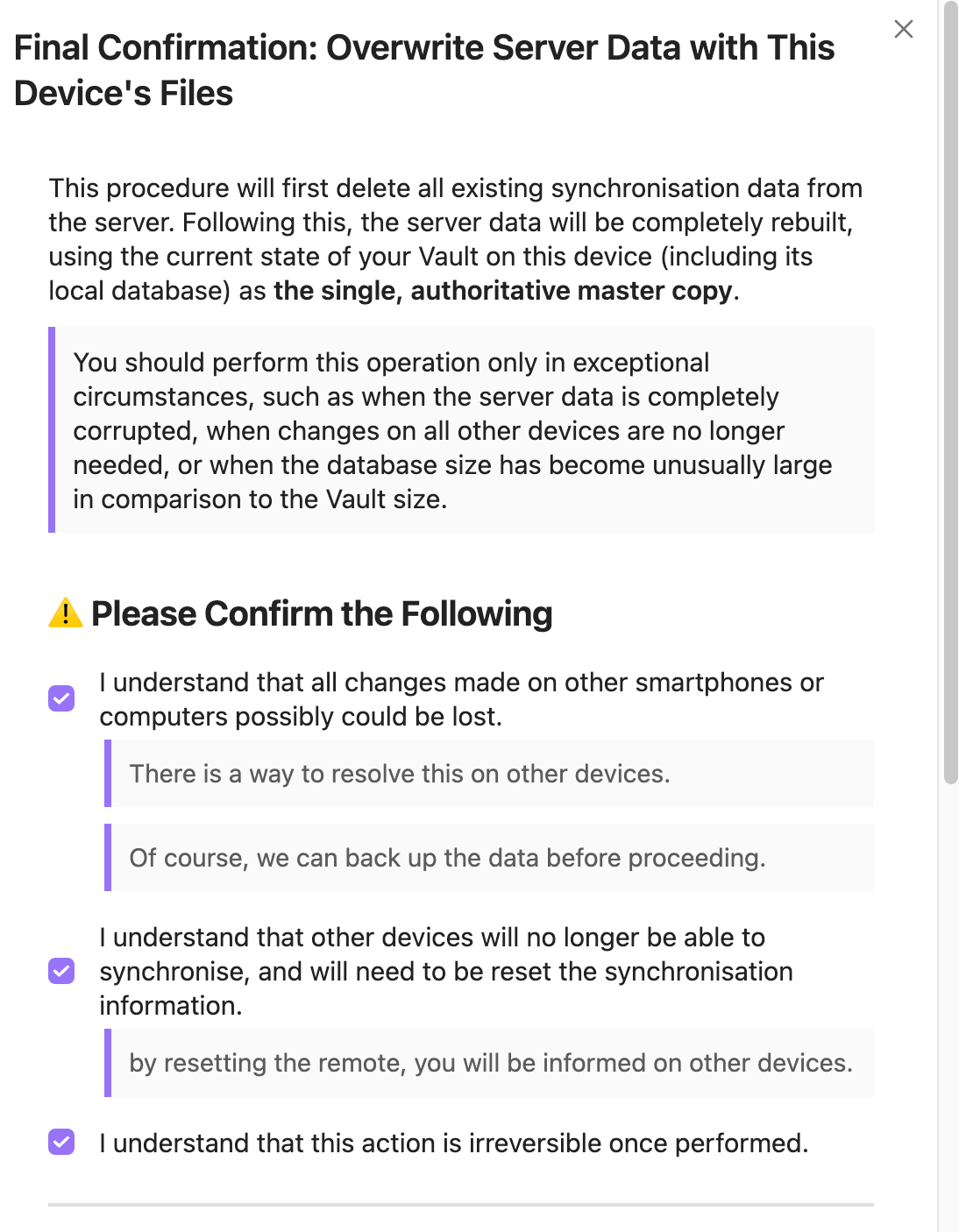 Confirm overwriting the LiveSync server