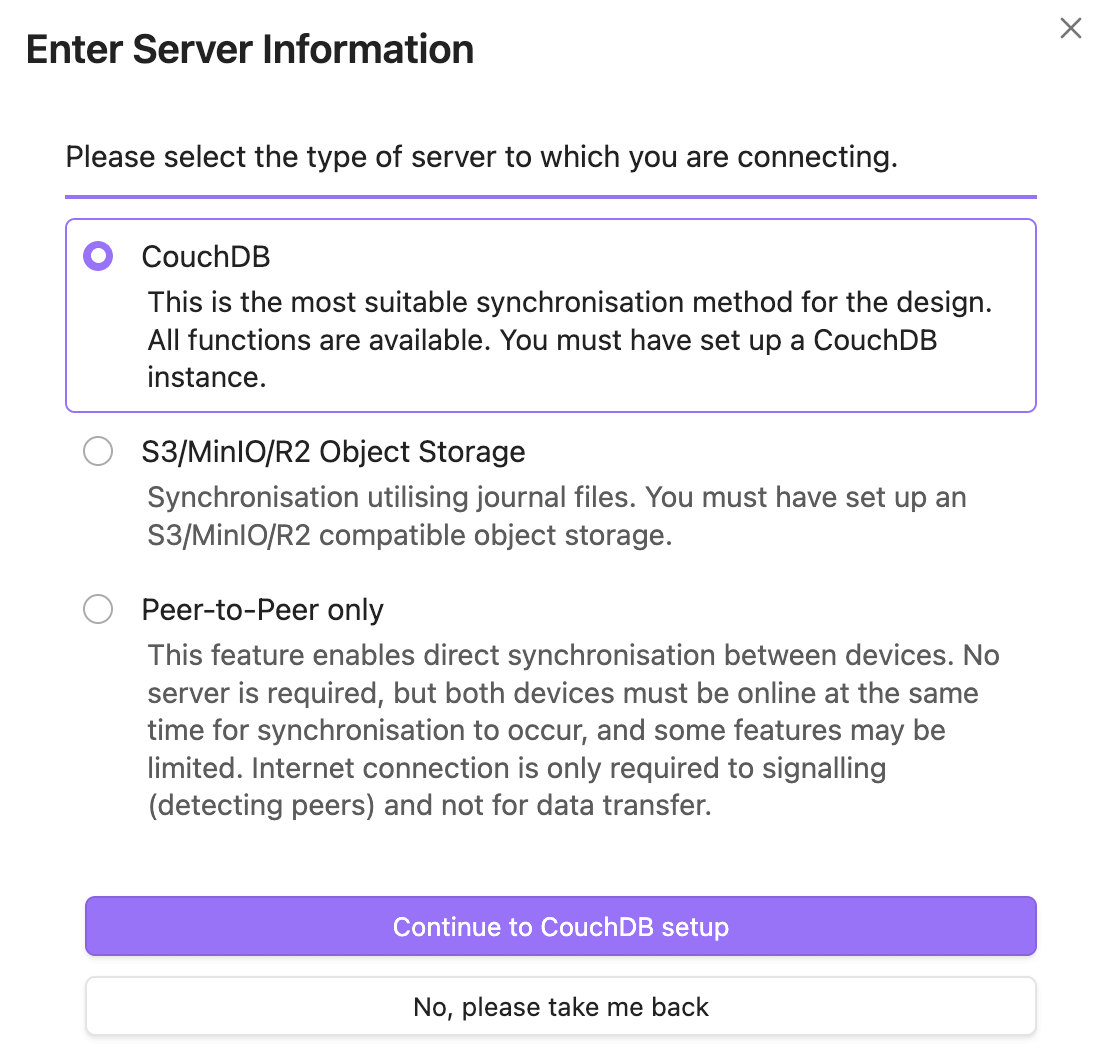 Select CouchDB as the sync server