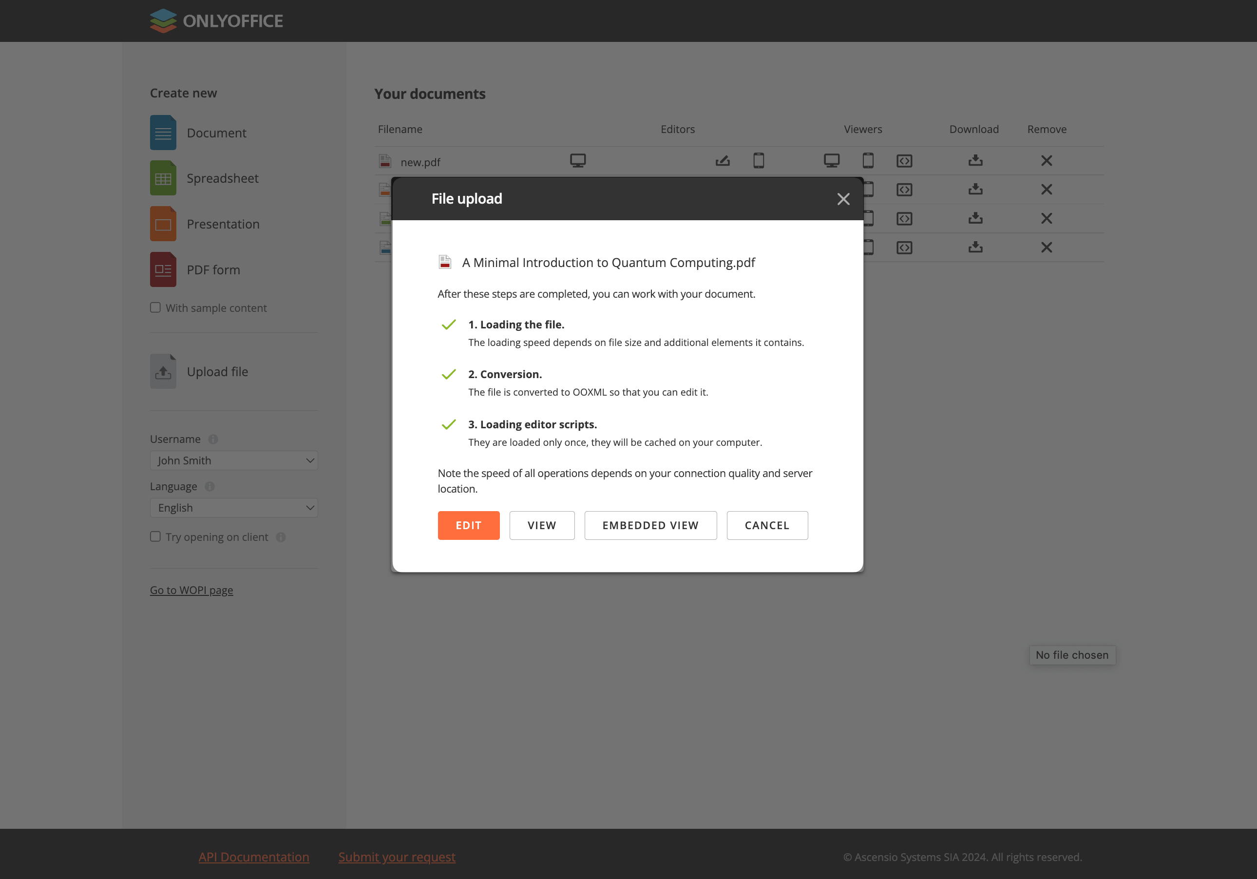 File upload dialog in OnlyOffice