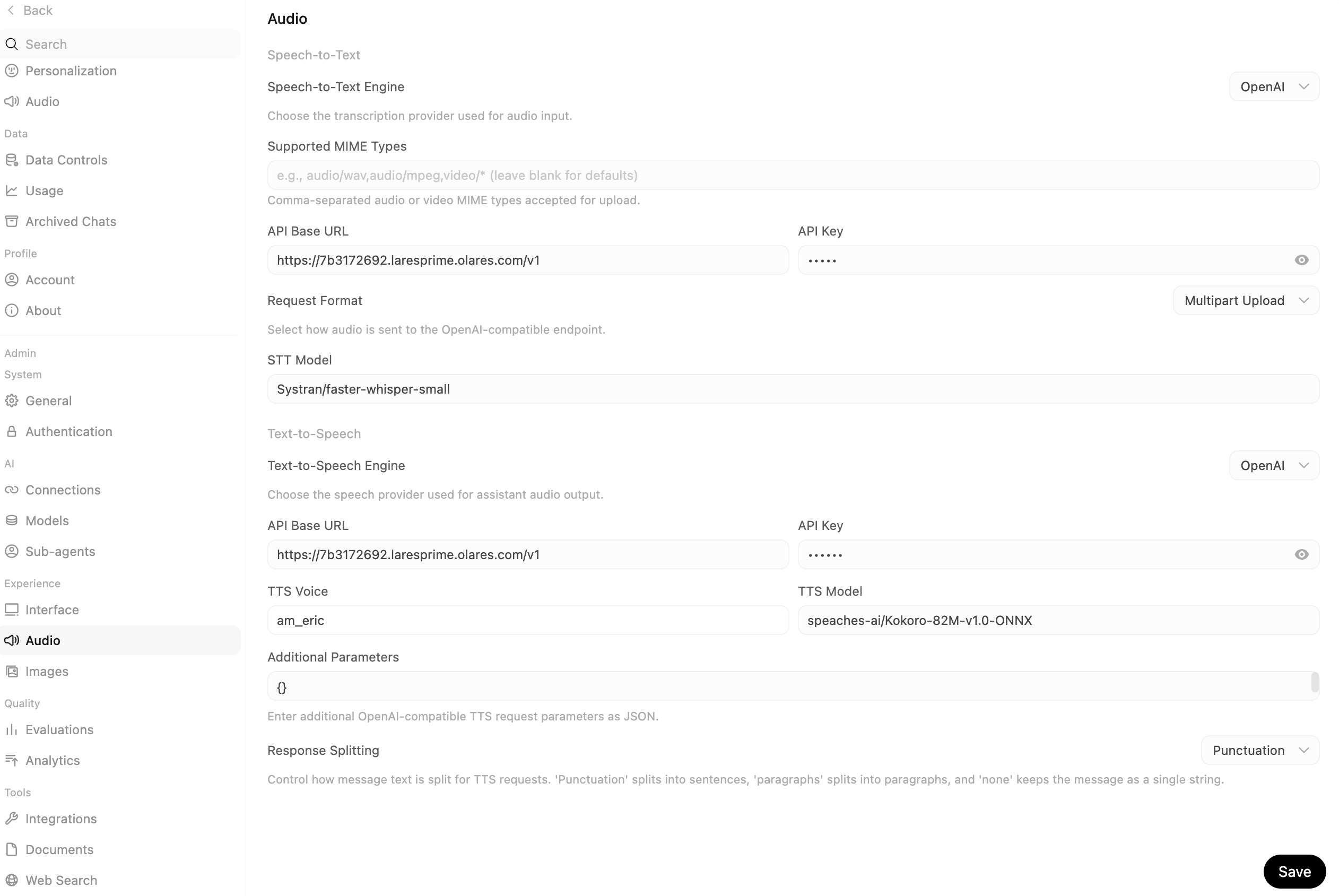 Audio settings in Open WebUI