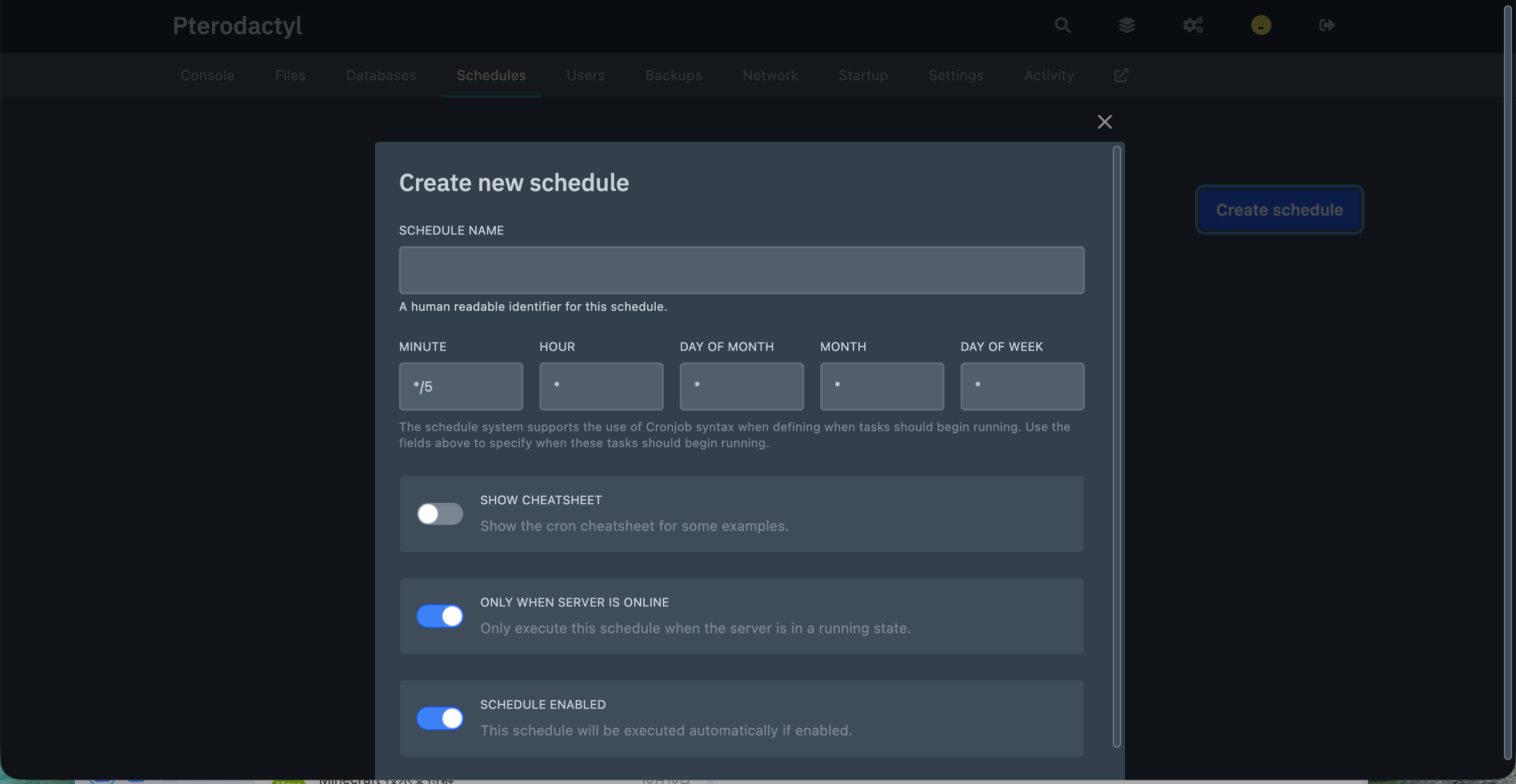 Create new schedule form