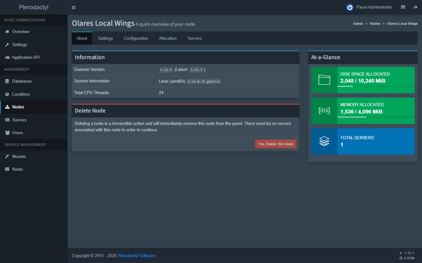 Local Wings node reporting its version and available resources