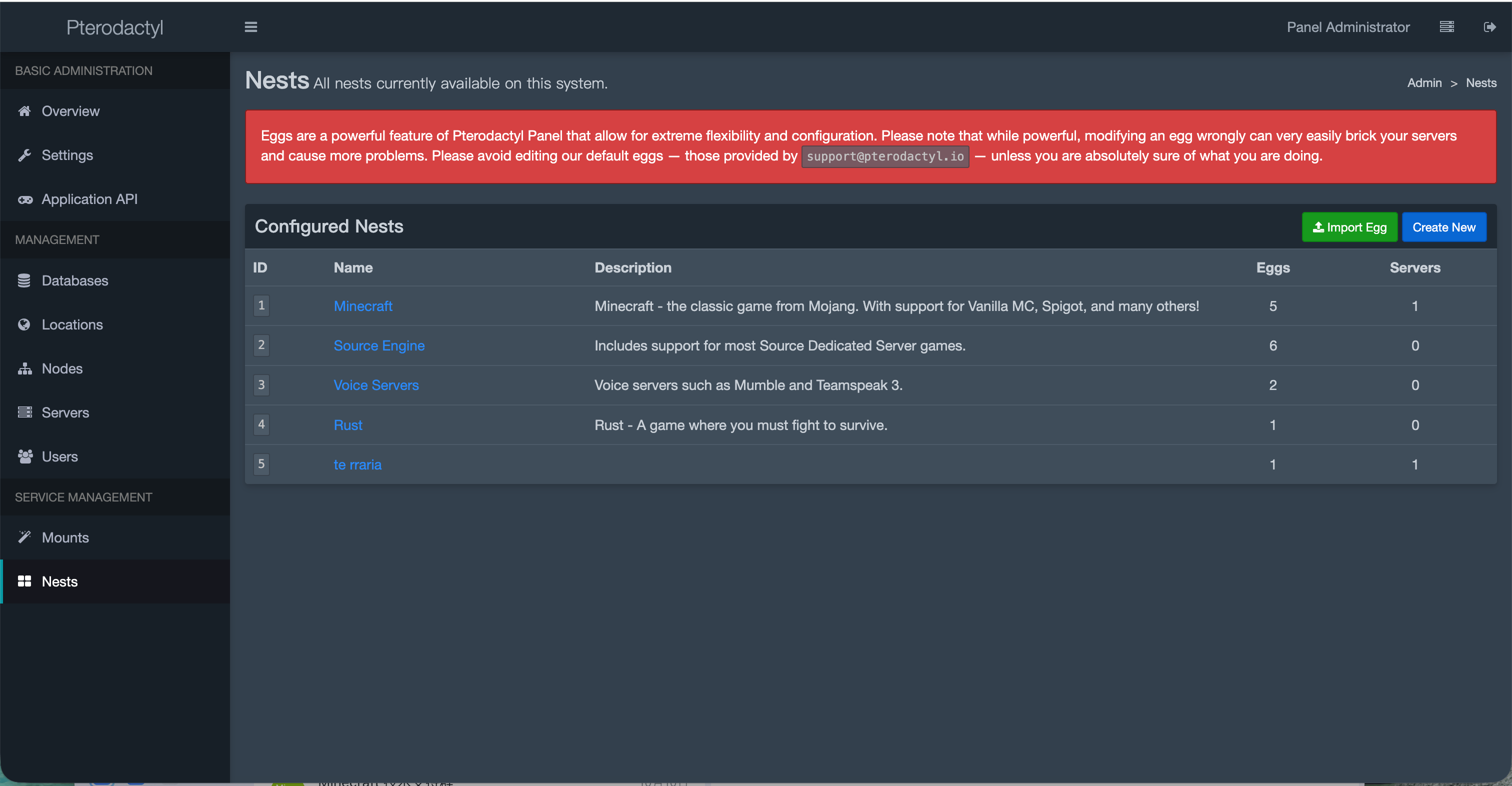 Nests page with the Create New and Import Egg buttons