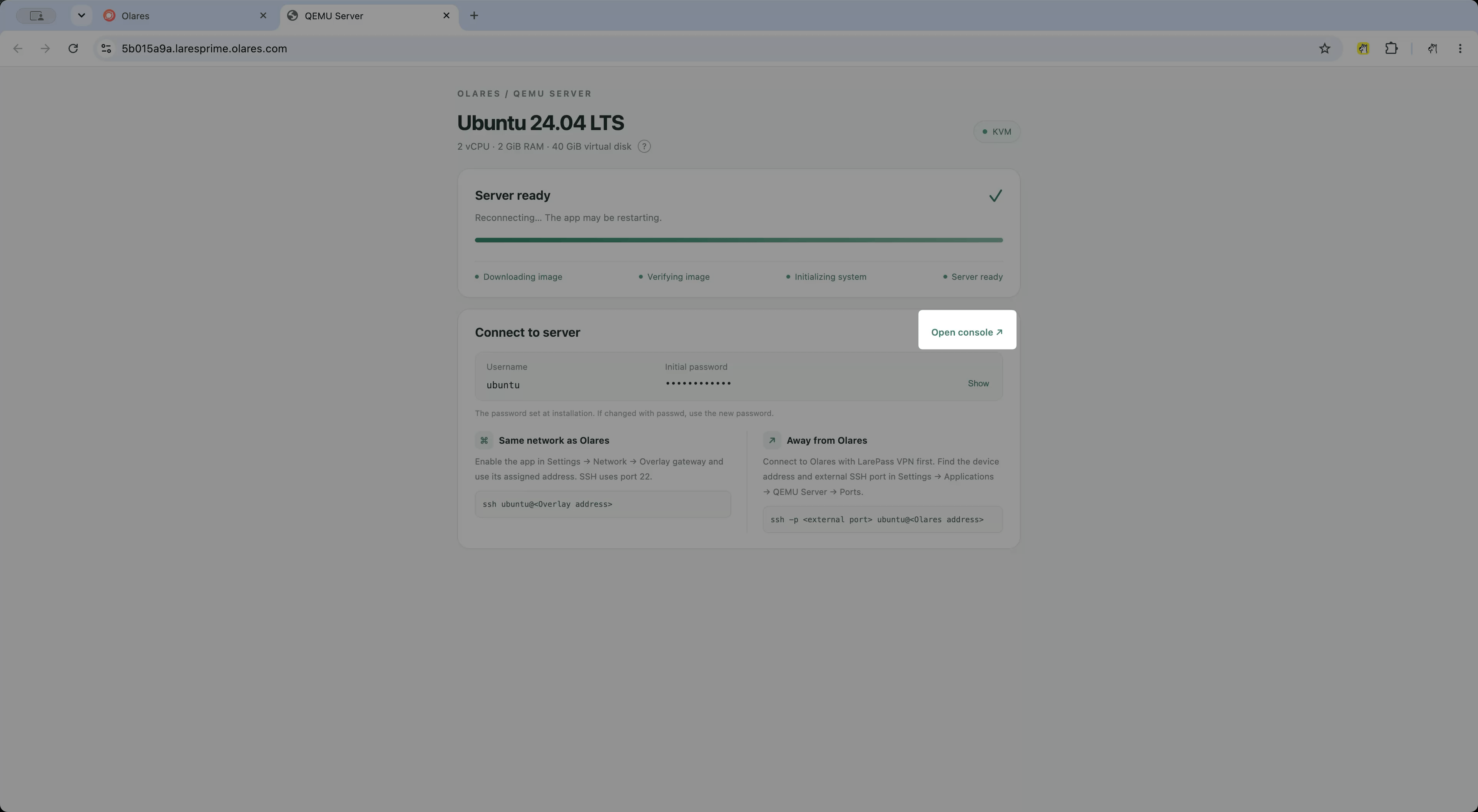 打开 QEMU Server 浏览器控制台