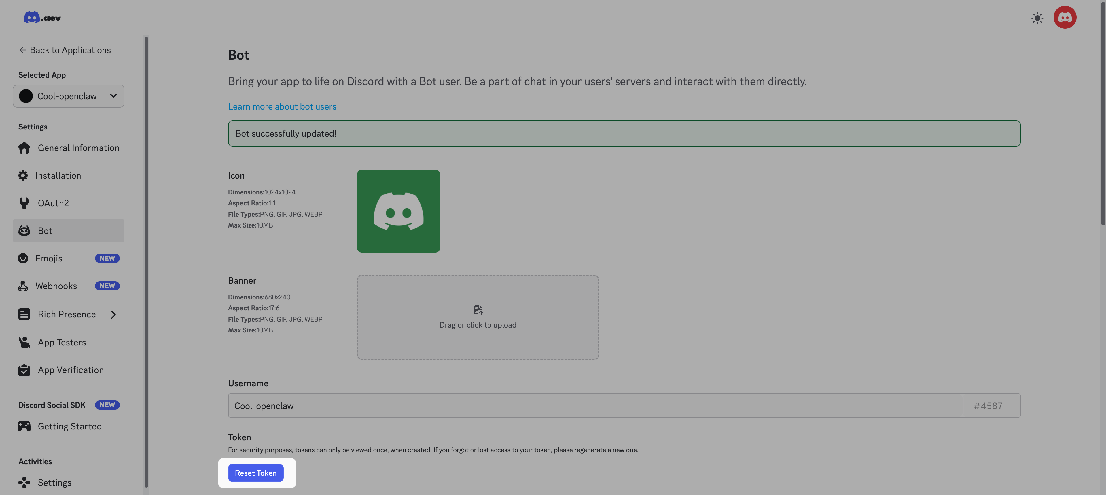 Reset token